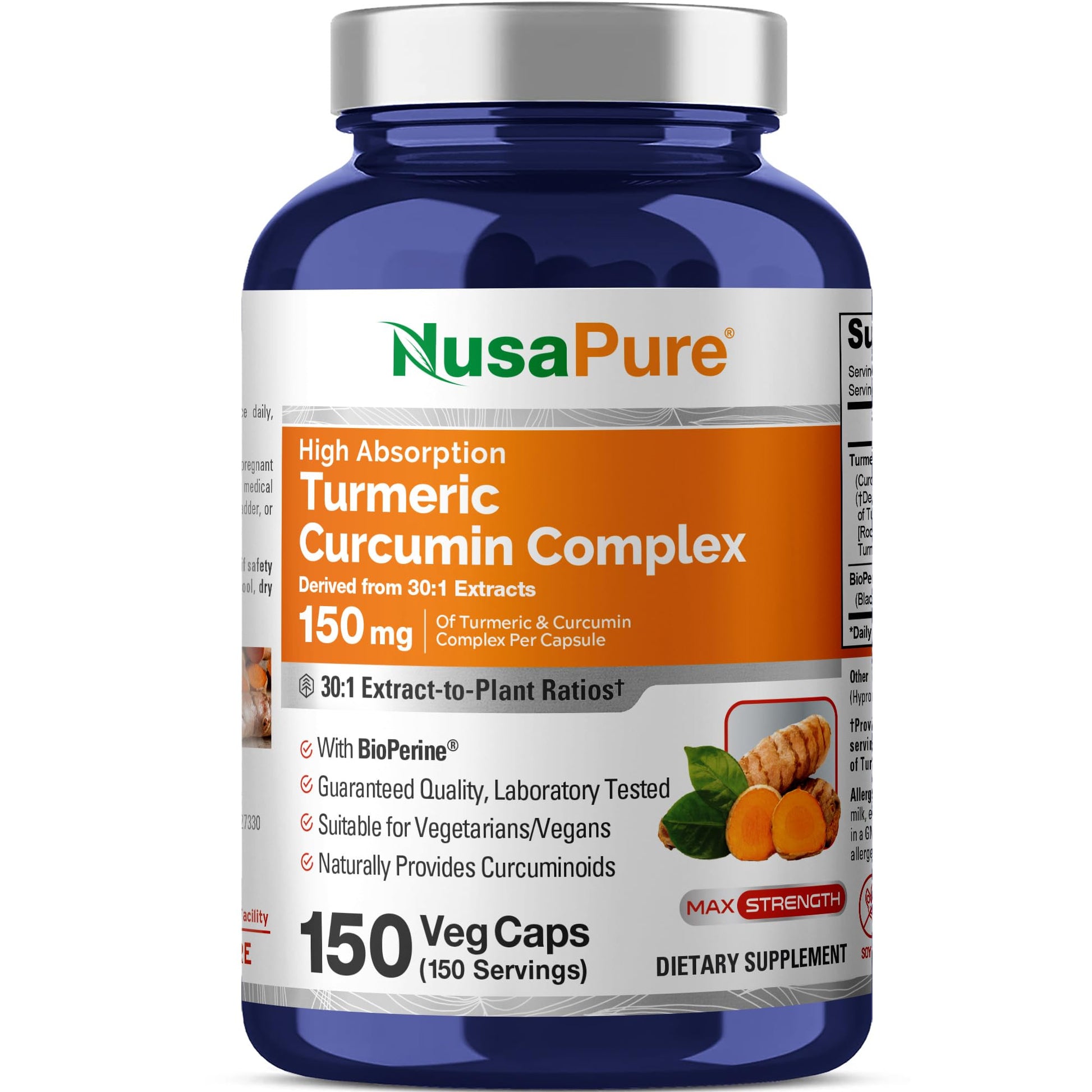 NusaPure Turmeric Curcumin Complex 150 mg Veg Capsules with Bioperine, 150 Count
