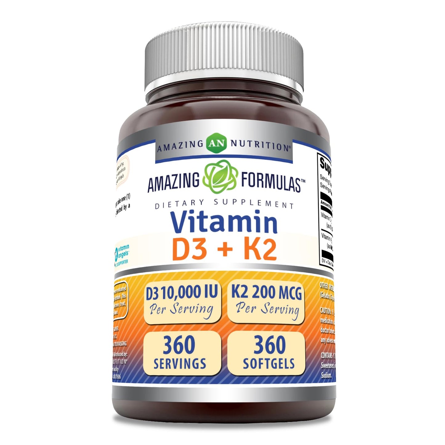 Amazing Nutrition Vitamin D3 10000 IU with Vitamin K2 200 mcg D3 + K2 Complex Softgel 360 Count