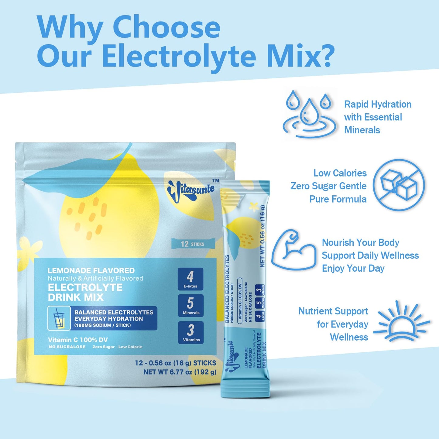 VITASUNIC Electrolyte Powder Packets Lemonade Sugar Free, 12 Pack