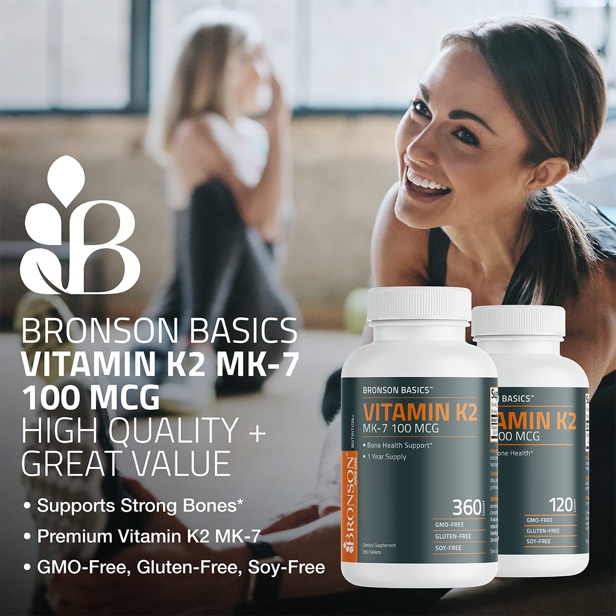 Bronson Vitamin K2 MK-7 100 MCG K2 as MK7 Menaquinone Non-GMO Tablets, 120 Count