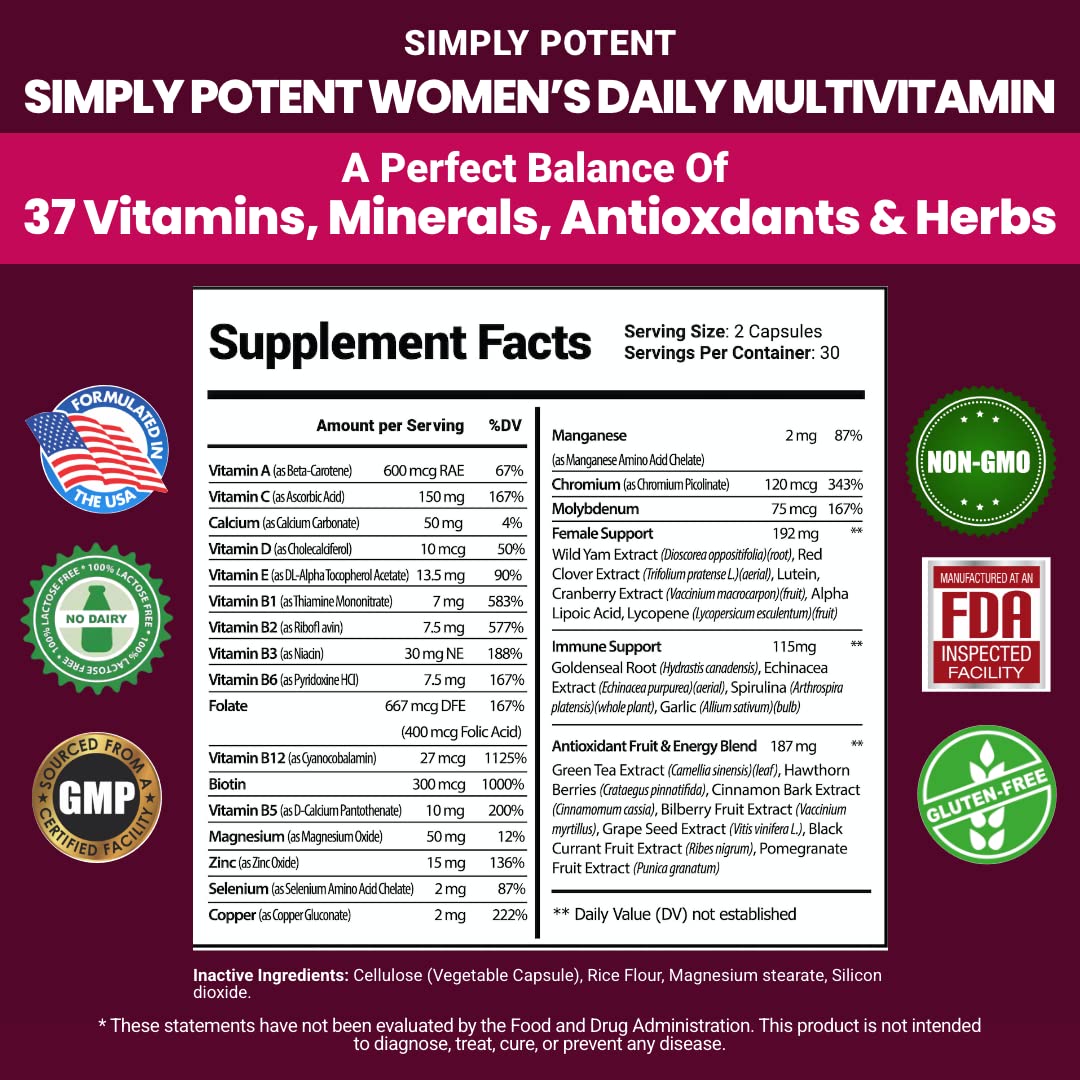 Simply Potent Women's Multivitamin - 37 Vitamins & Minerals with Biotin, Vitamins A C D E B12, Folate, Zinc, Magnesium, Calcium & Green Tea Extract, 60 Capsules