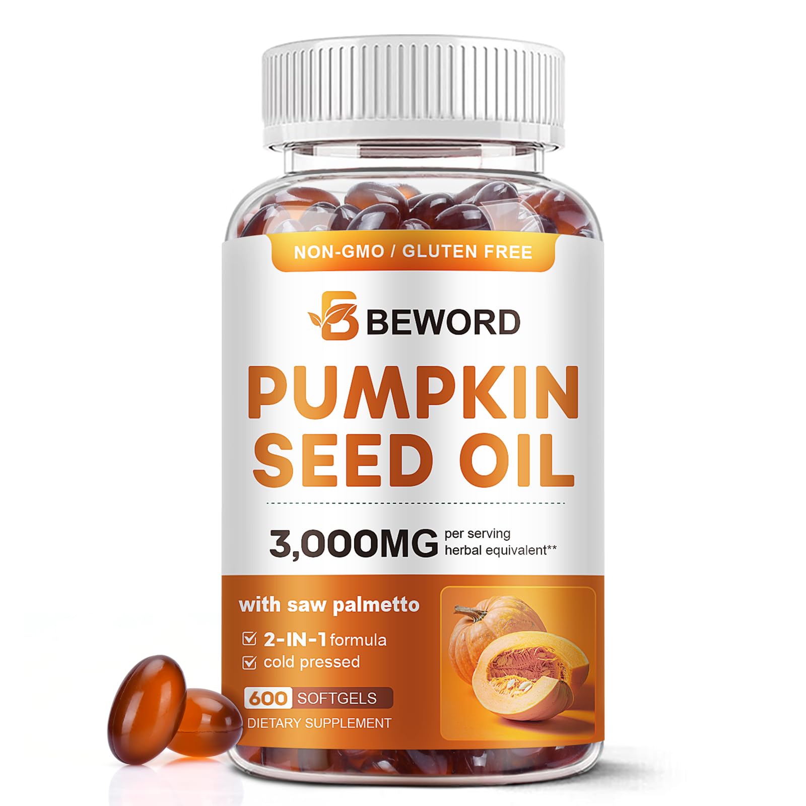 BEWORD Pumpkin Seed Oil with Saw Palmetto, 600 Softgels