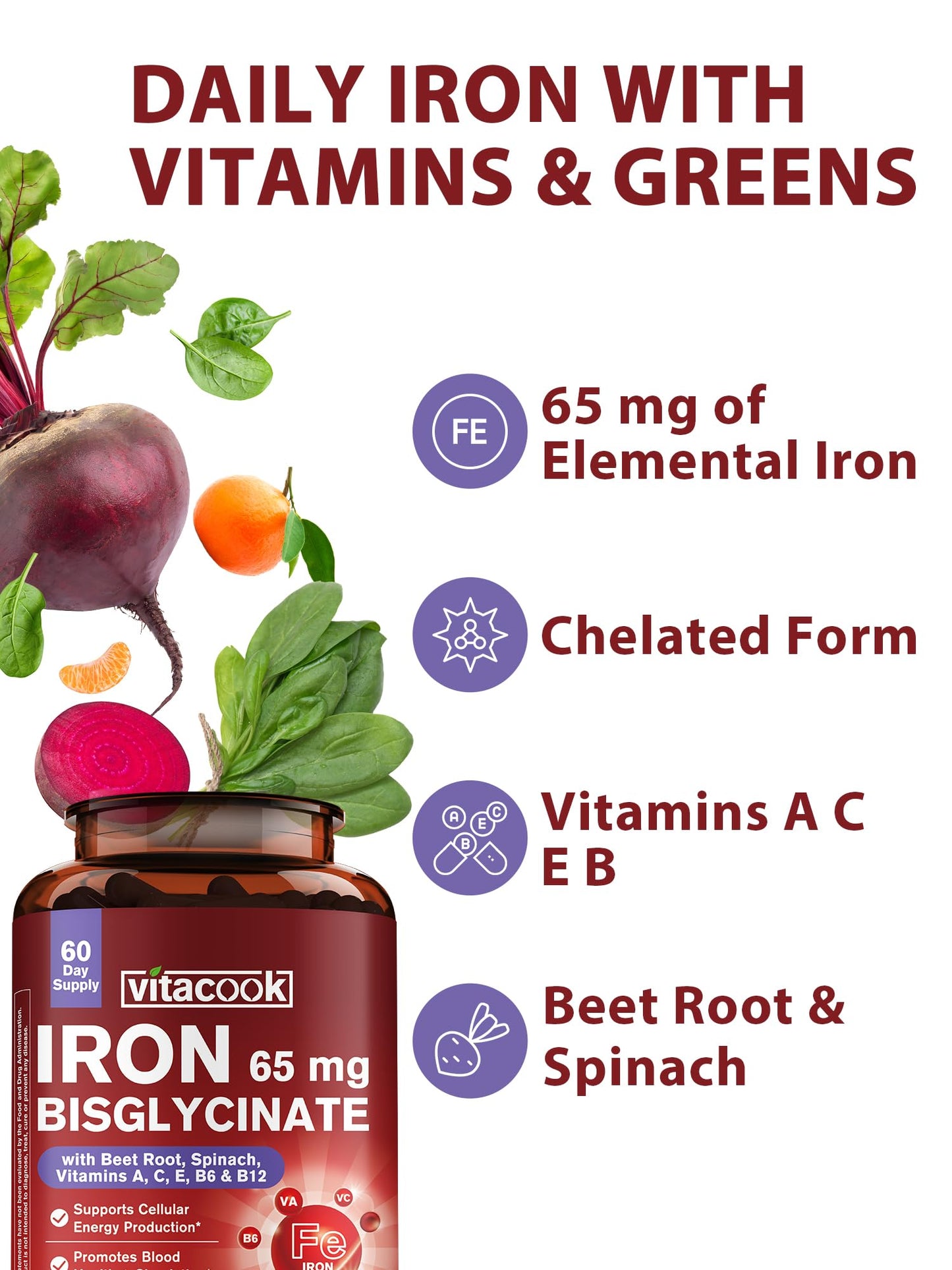 Vitacook Iron Supplement for Women & Men, 65mg Ferrous Bisglycine Chelate Capsules, 60 Count