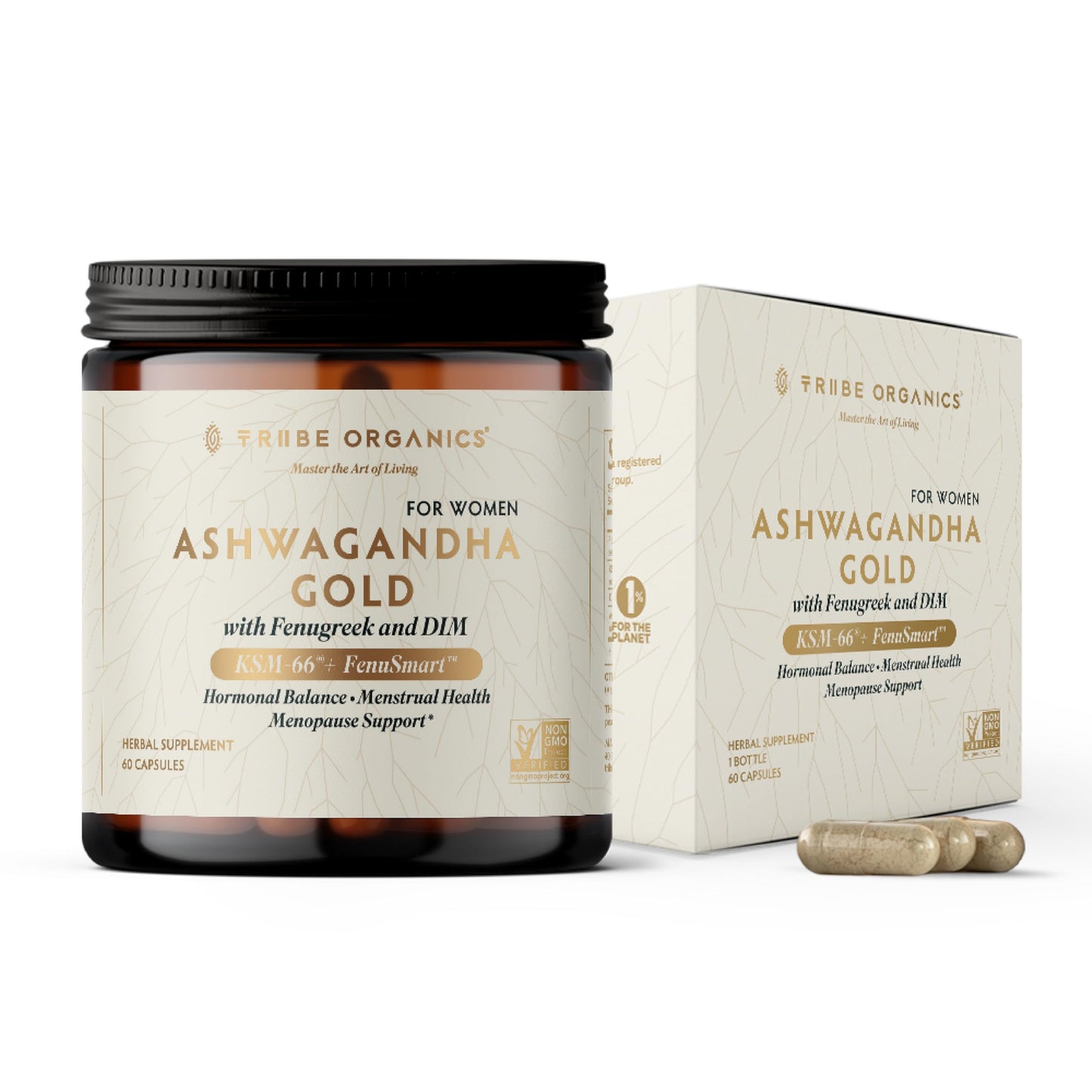 TRIBE ORGANICS Ashwagandha Gold DIM Supplement for Women with Ashwagandha KSM-66®, FenuSmart™ Fenugreek & AstraGin, Capsule, 60 Count