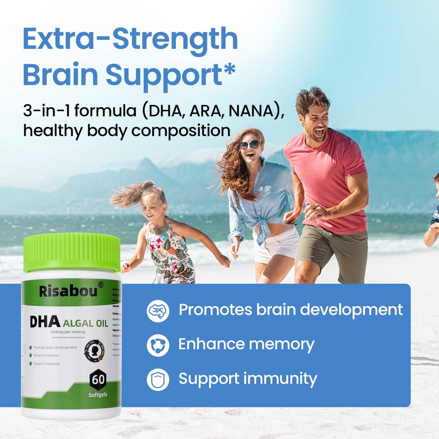 Risabou Algal Oil DHA 400 mg with ARA and SA, DHA Omega-3 Softgels, 120 Count