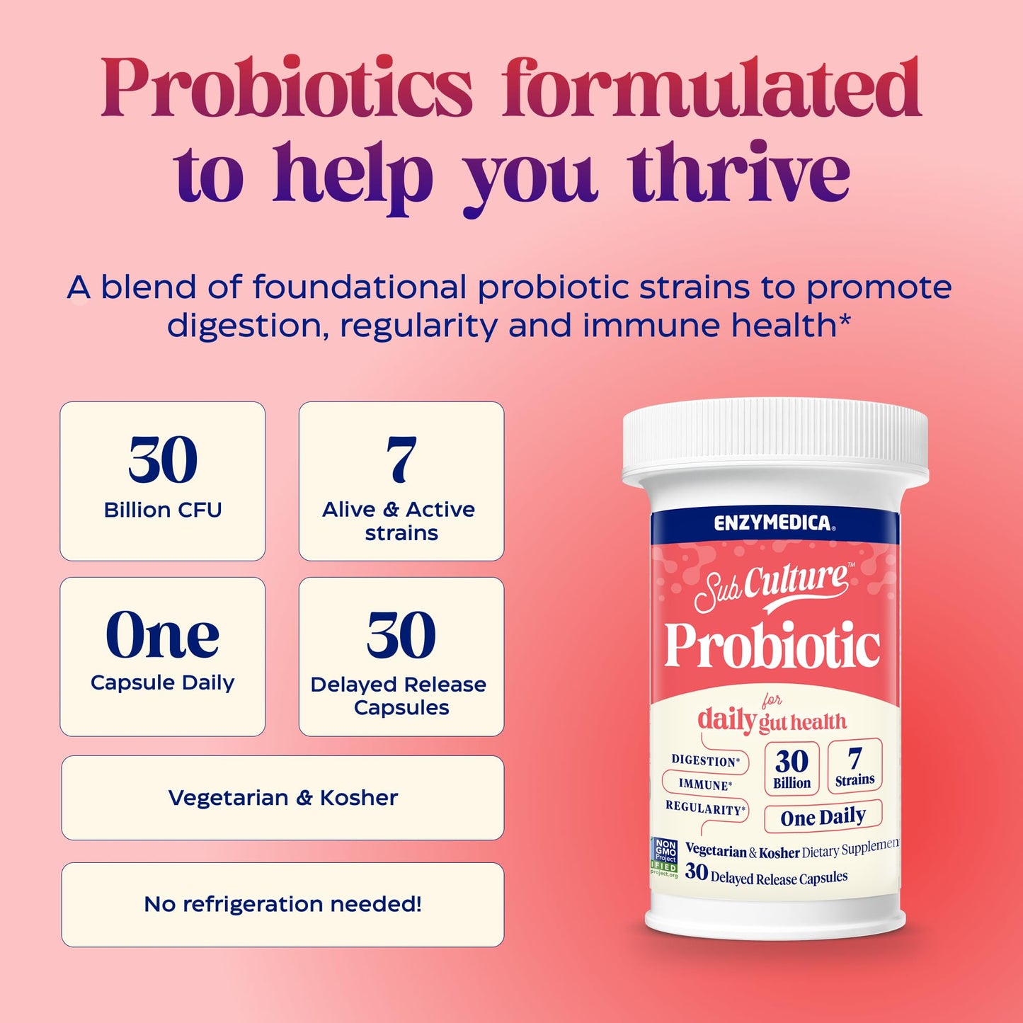 Enzymedica SubCulture Probiotic for Daily Gut & Digestive Health Capsule, 30 Count