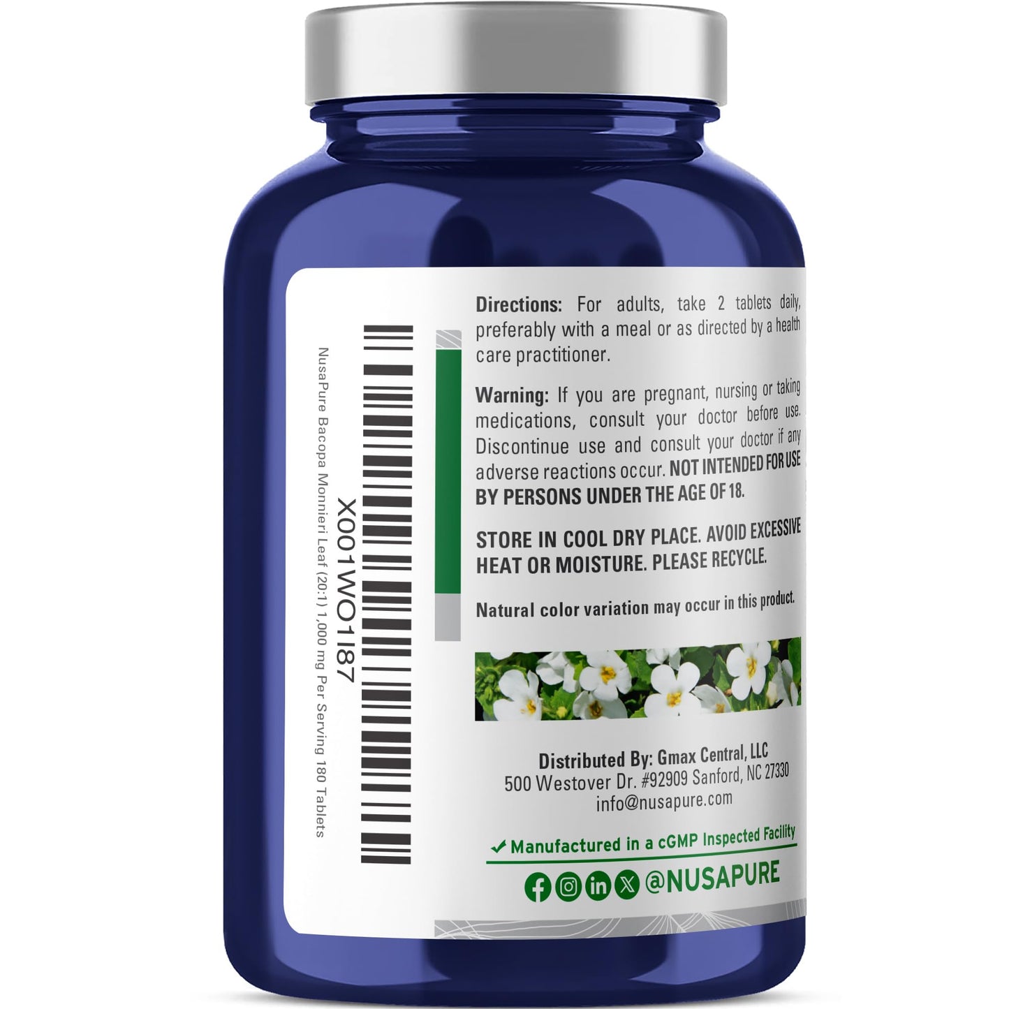 NusaPure Bacopa Monnieri Leaf Capsules, 1000mg, Non-GMO, Vegan, 180 Capsules