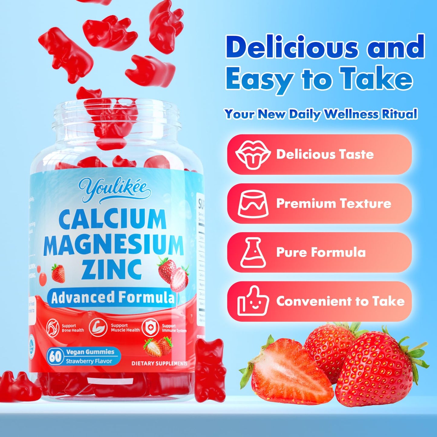 Youlikee Calcium Magnesium Zinc Gummies 120 Count