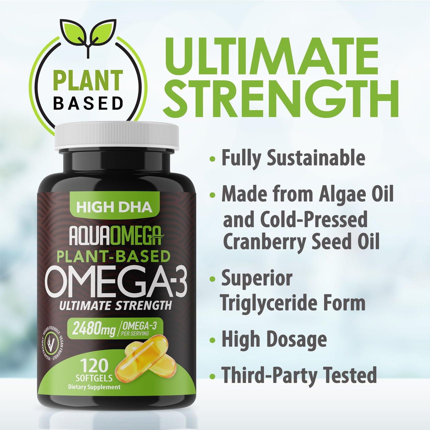AQUA OMEGA Ultimate Strength Plant Based Omega-3 from Algae Oil, Organic EPA and DHA, No Fishy Aftertaste Softgels, 120 Count