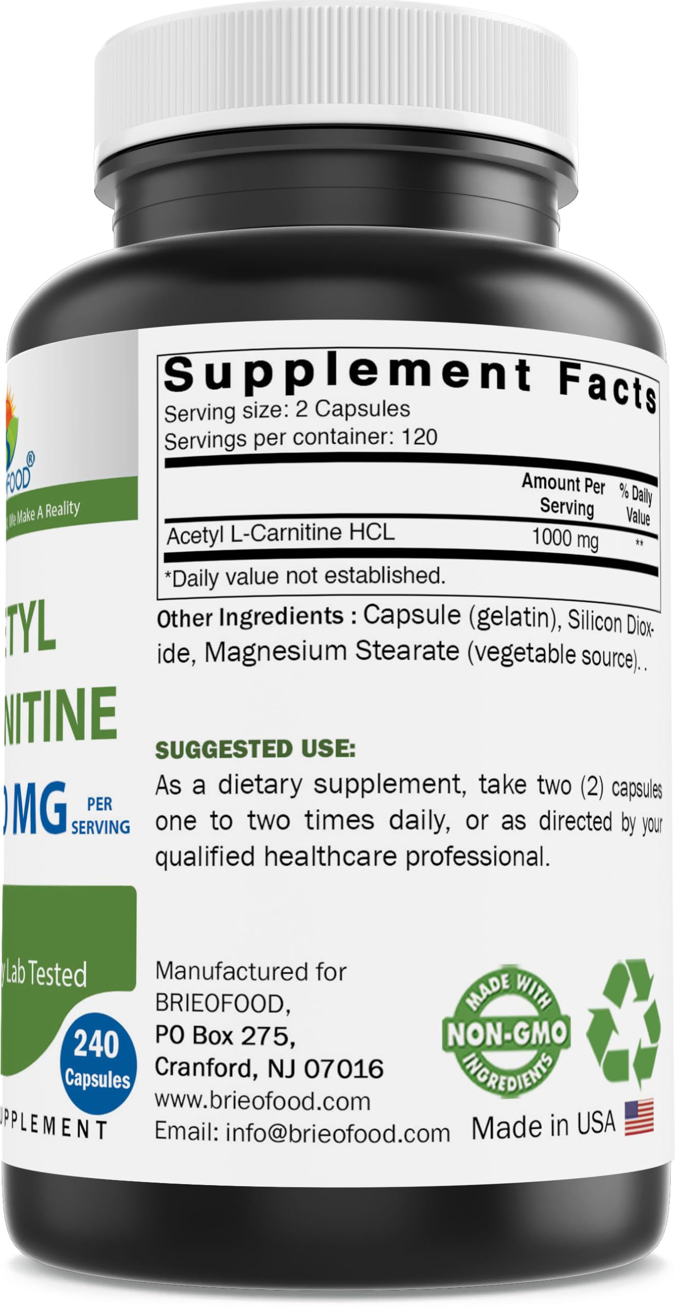 Brieofood Acetyl L-Carnitine 1000 mg Capsule, 240 Capsules