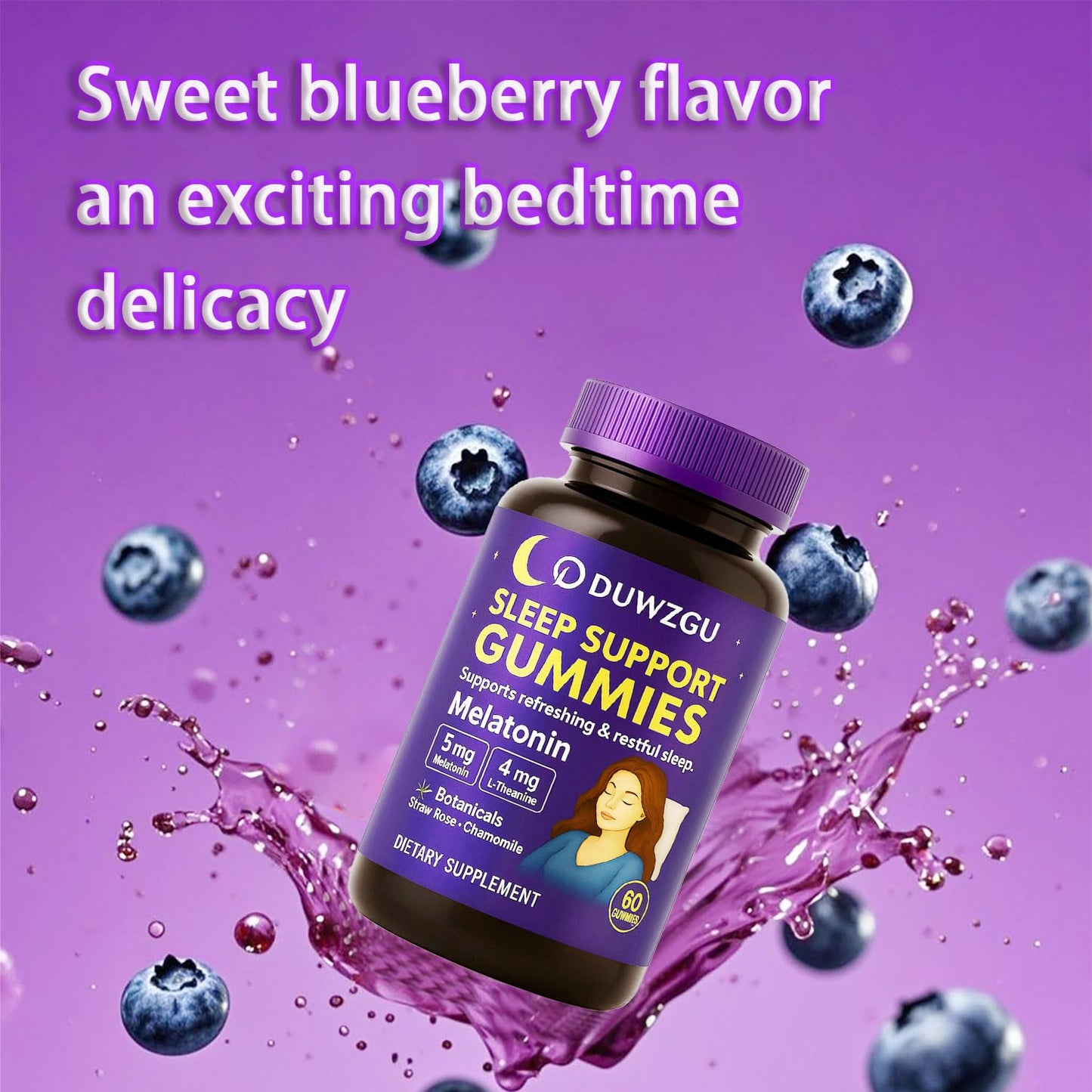 DUWZGU Sleep Gummies for Adults – Melatonin, L-Theanine, Chamomile & Lemon Balm – Berry Flavor – Vegan, Non-GMO – 60 Gummies