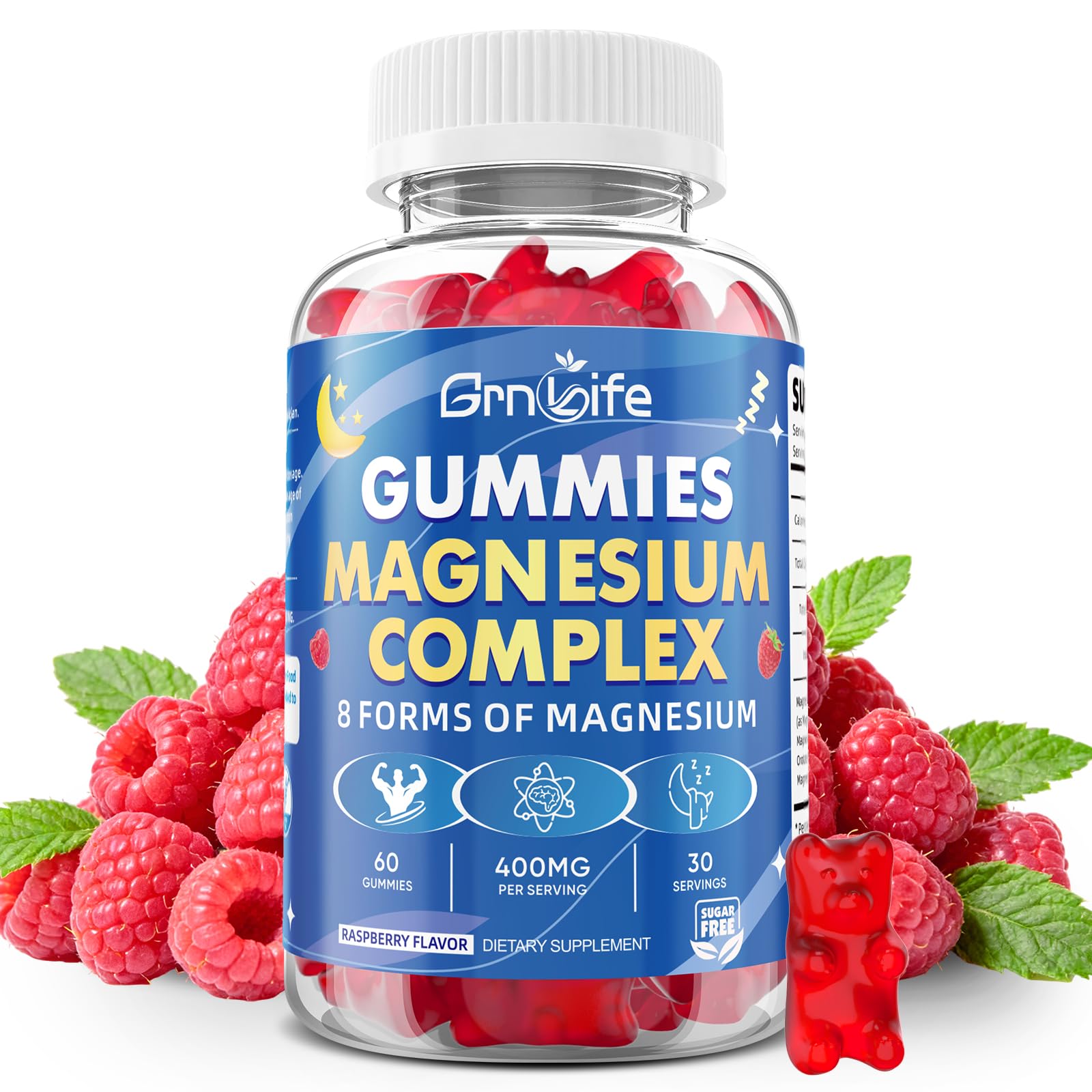 GrnLife Magnesium Complex Gummies, 400mg Magnesium Complex with 8 Forms of Magnesium for Calm, Relaxation & Muscle Support, Sugar-Free Raspberry Flavor, 60 Gummies