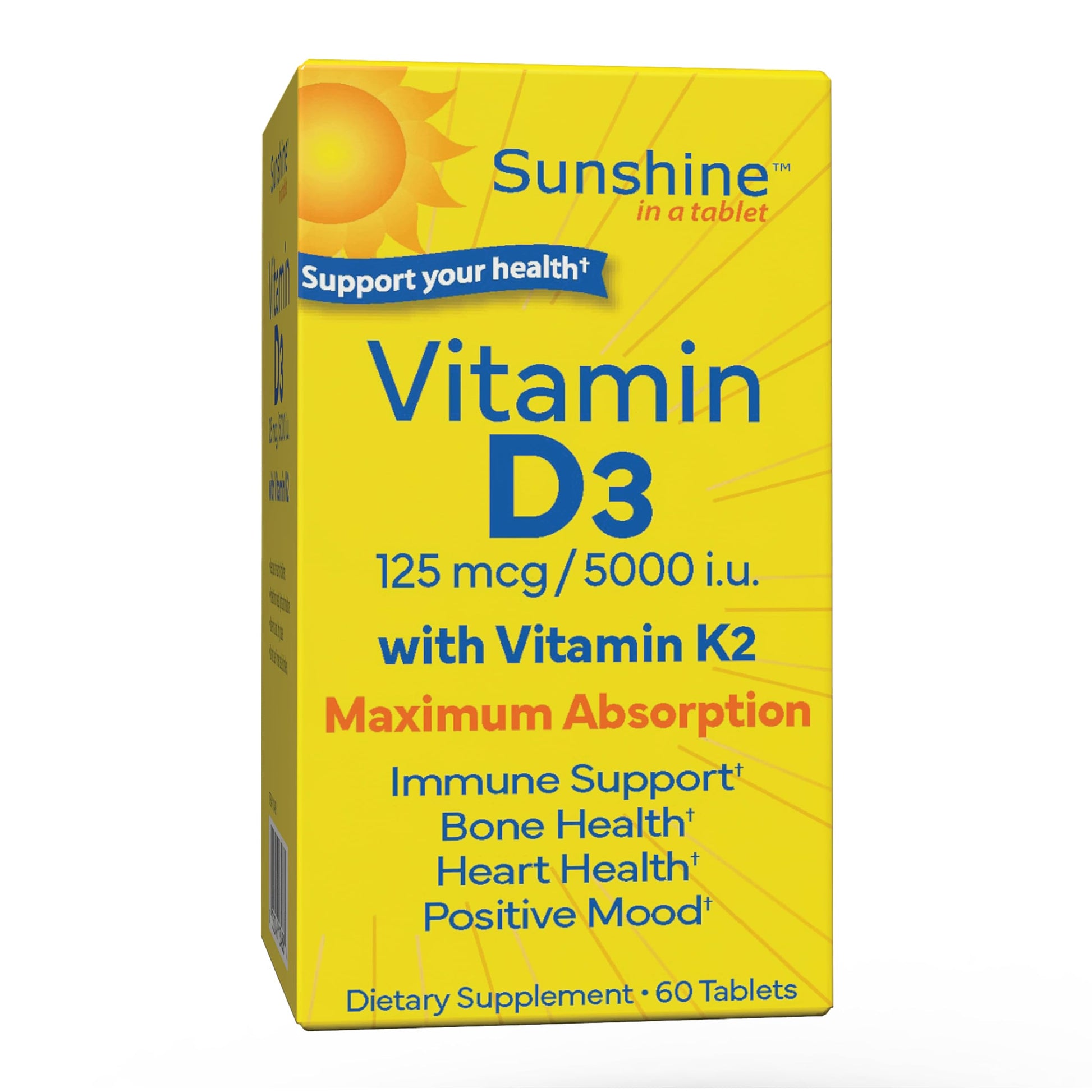 Sunshine Vitamin D3 with Vitamin K2, D3 5000 IU with K2 100 mcg for Healthy Muscle Function, Bone Health and Immune Support, 60 Tablets