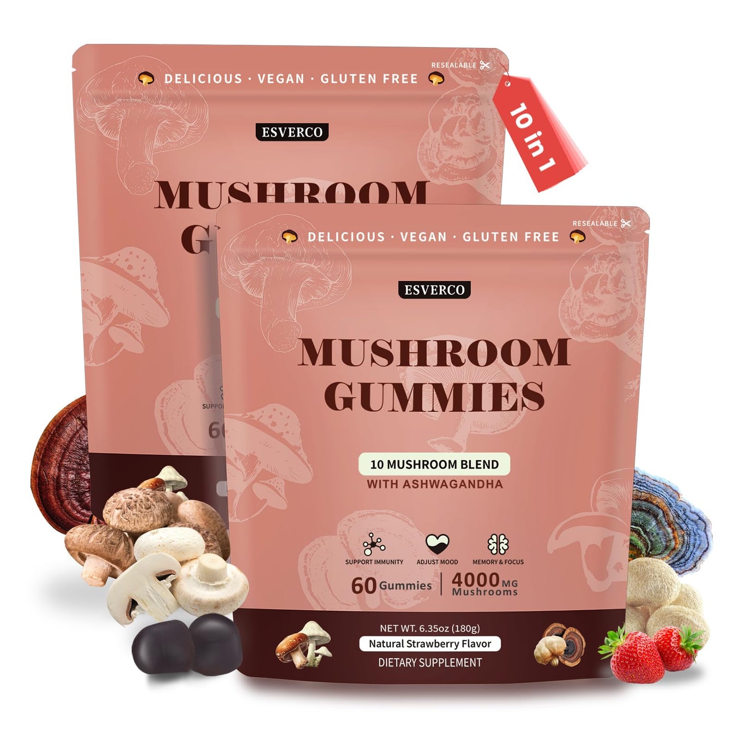 esverco Lions Mane Mushroom Gummies with Ashwagandha 120 Count