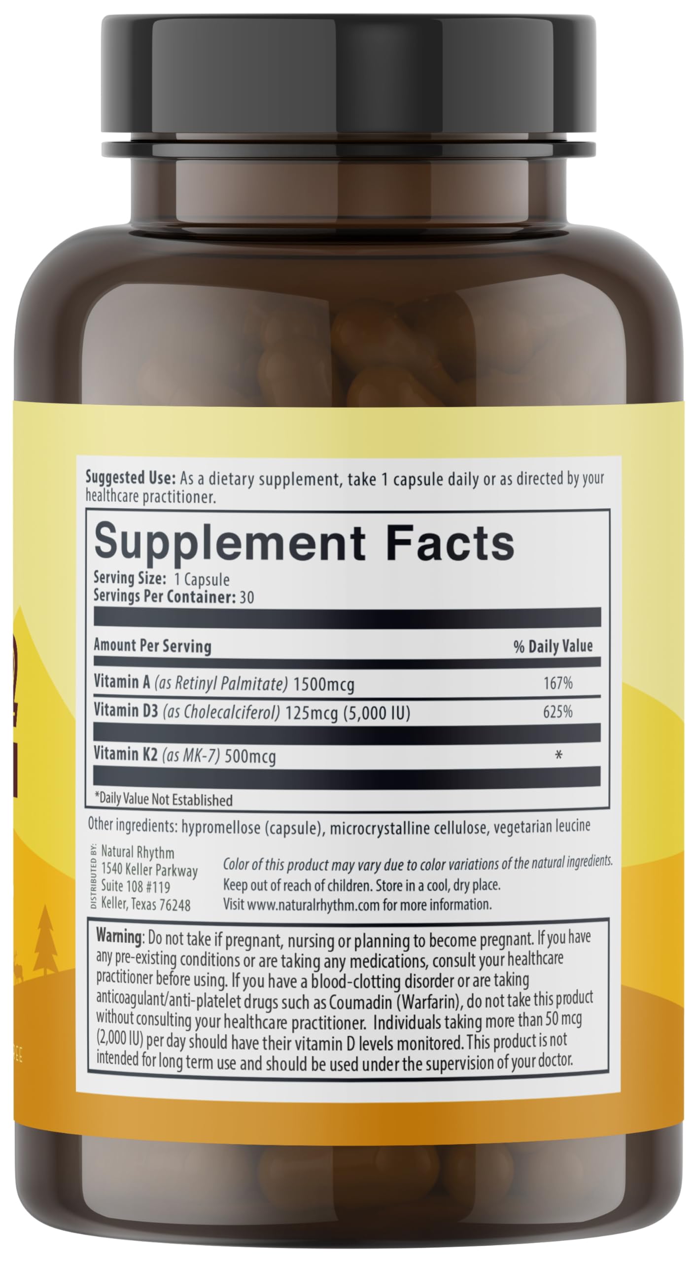 Natural Rhythm Vitamin D3 5000 IU + K2 MK-7 Plus Vitamin A – Bone & Immune Support Capsules, 30 Count