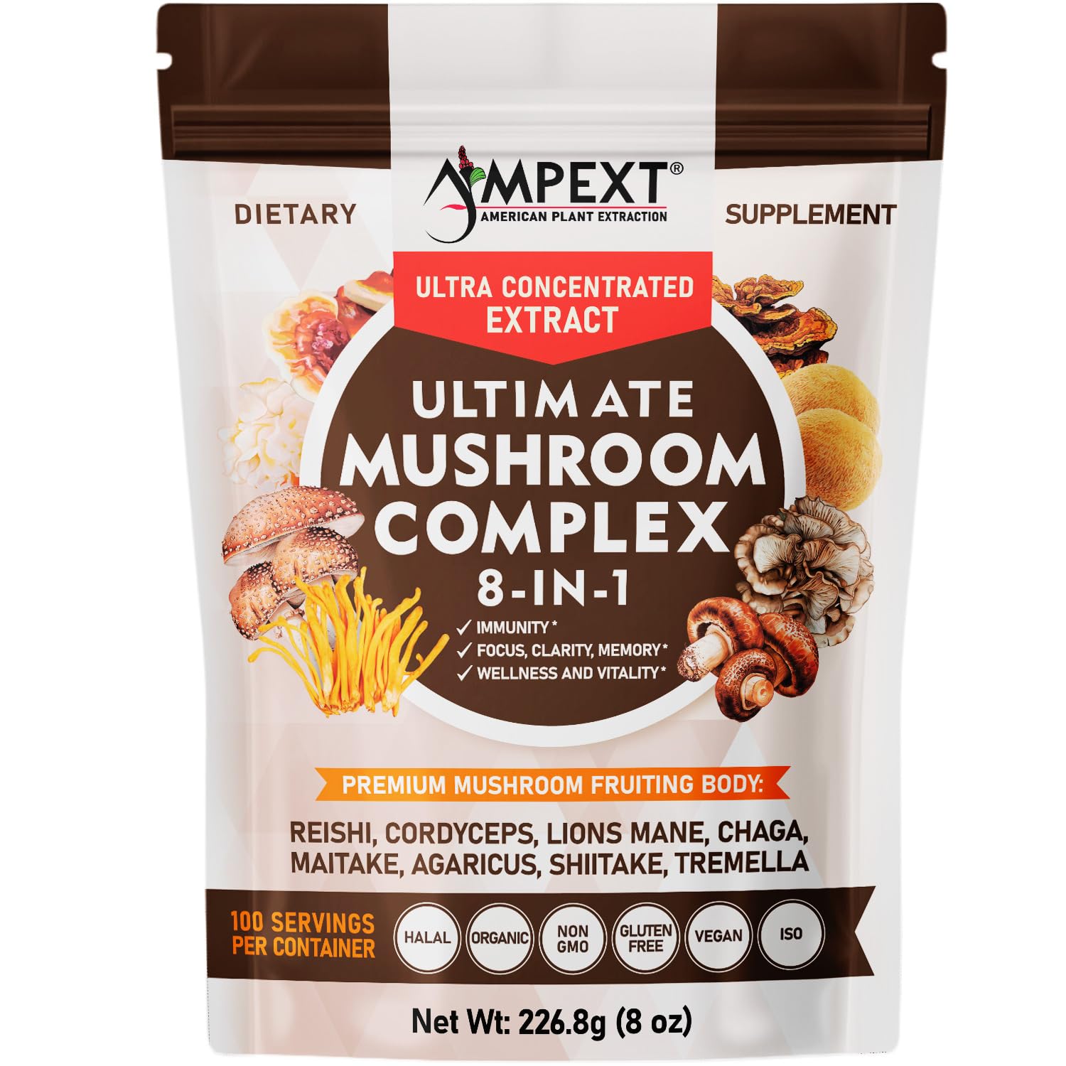 AMPEXT 8-in-1 Ultimate Mushroom Complex Powder, 8 Ounce