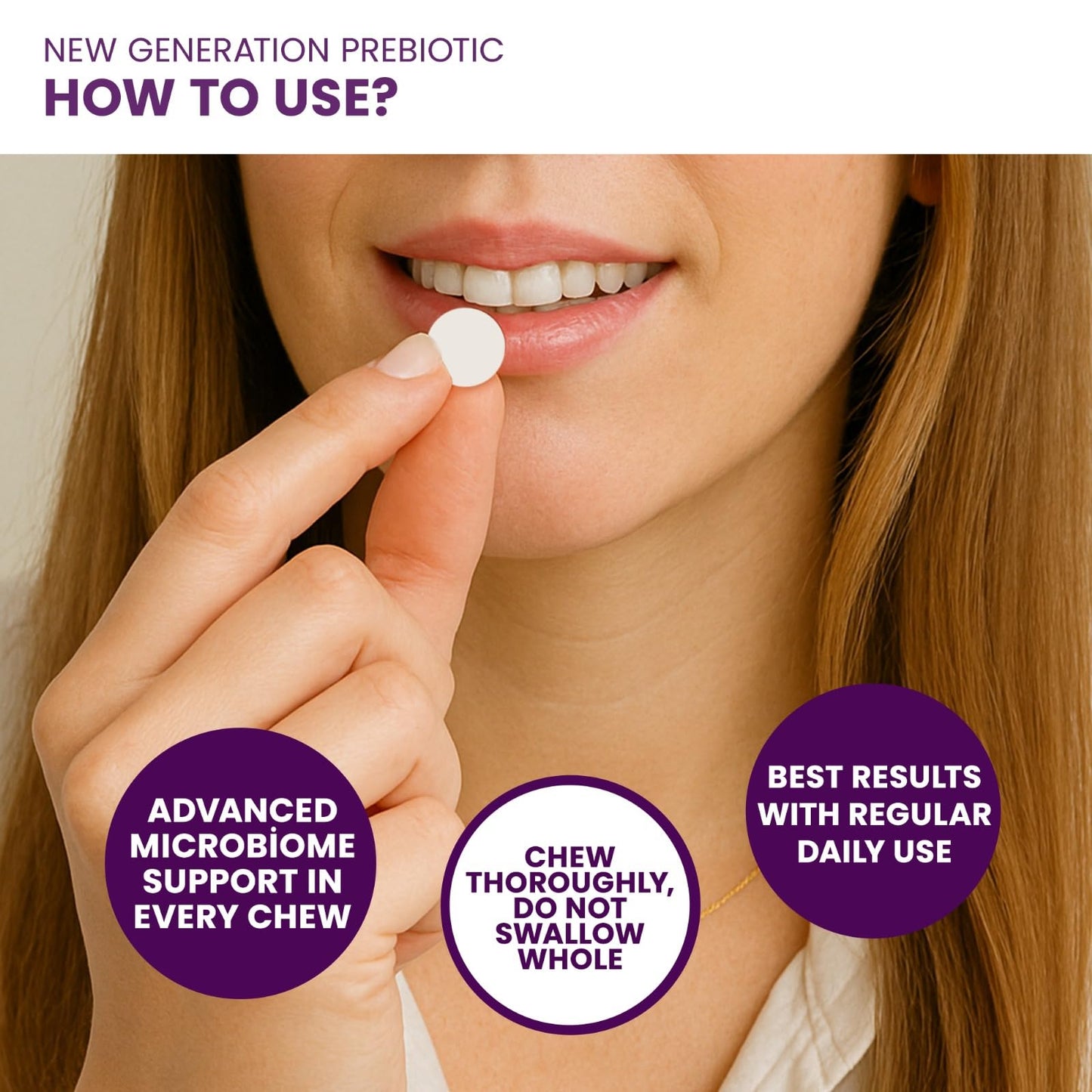 NEXT-MICROBIOME Akkermansia Probiotic and Prebiotic Supplement NOVO 2.0 with HMO Chewable, 30 Tablets