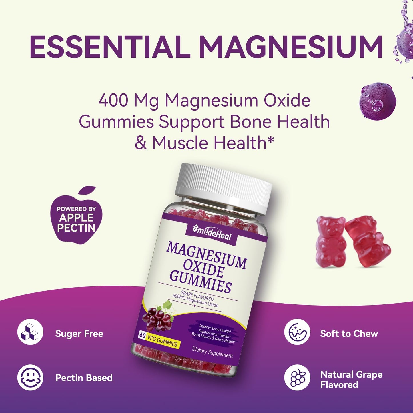 SmildeHeal Magnesium Oxide Gummies 400mg Gummy 60 Count