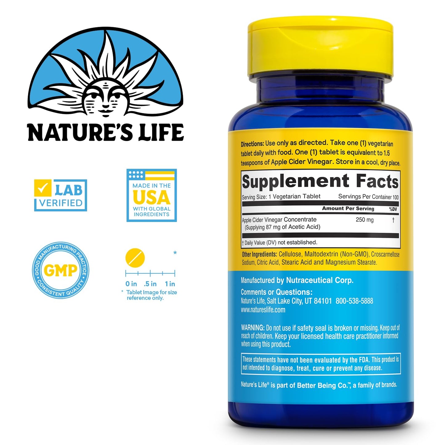 Nature's Life Apple Cider Vinegar 250 mg Tablet, 100 Tablets