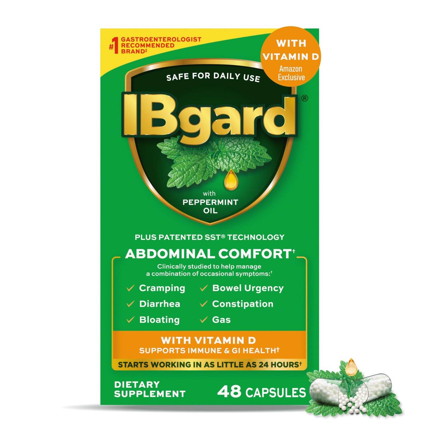 IBgard Peppermint Oil Capsules with Vitamin D, 48 Capsules