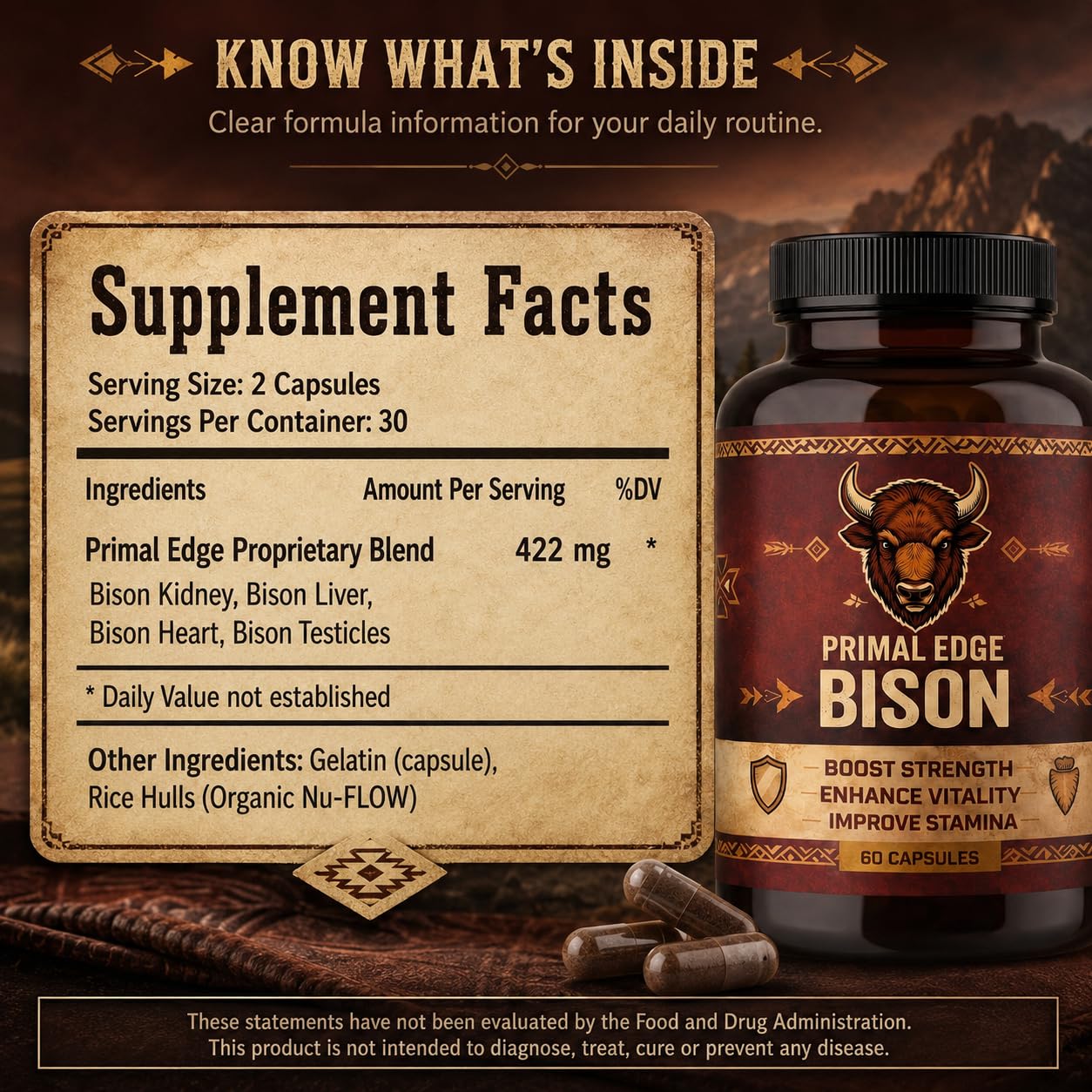 Kymezol Primal Edge Bison Grass-Fed American Bison Organ Supplement Capsule, 60 Capsules