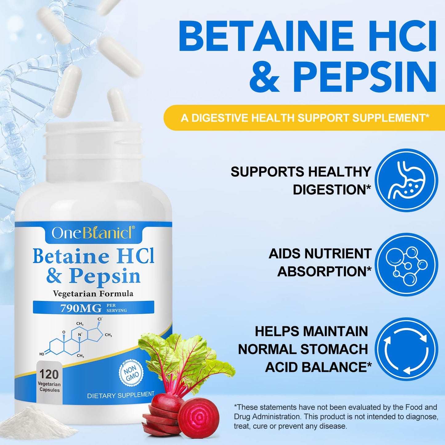 shwdppmy Betaine HCl with Pepsin Digestive Enzymes Supplement, 120 Vegan Capsules