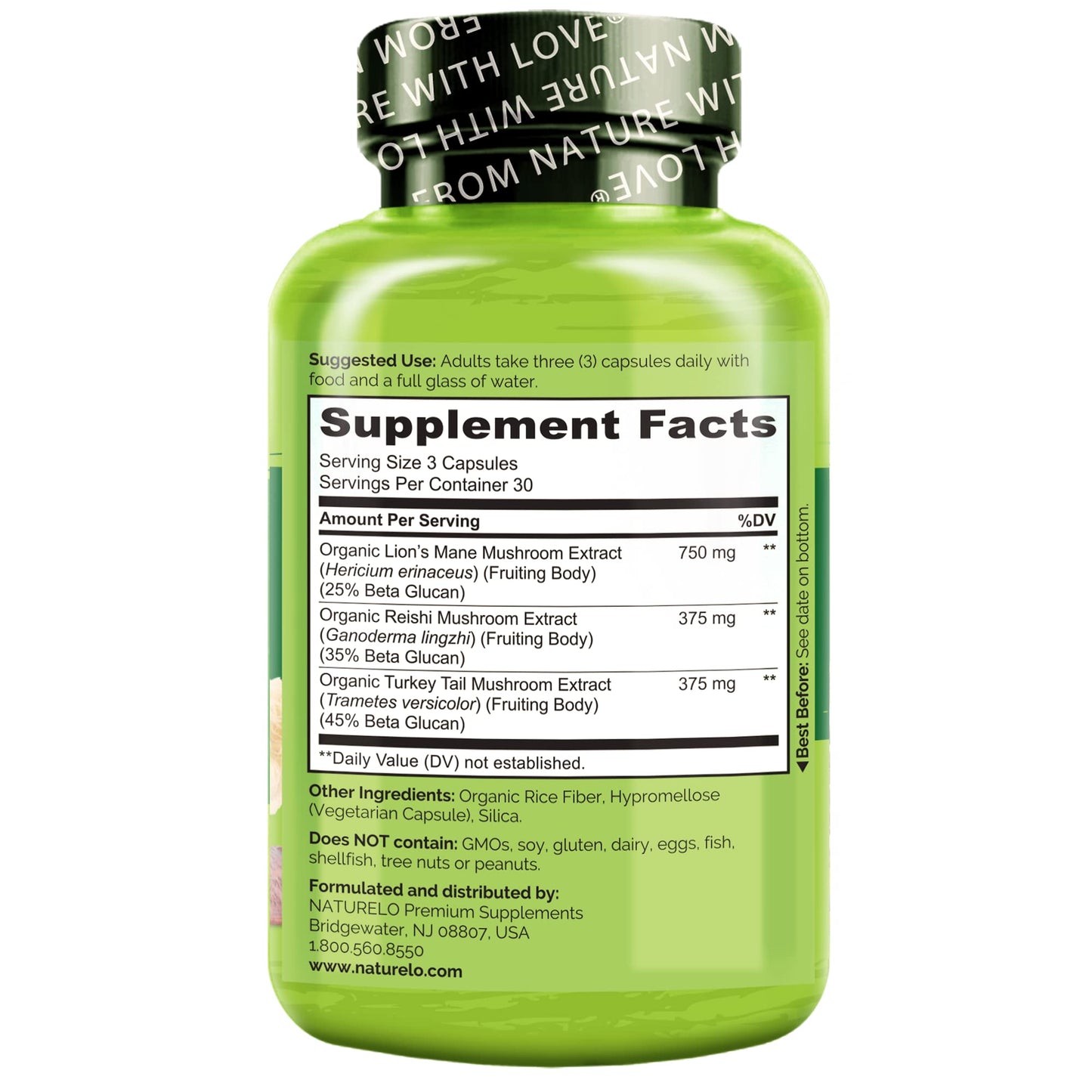 NATURELO Mushroom Supplement – Brain & Immune Health Blend with Lion’s Mane, Reishi, Turkey Tail, 180 Capsules