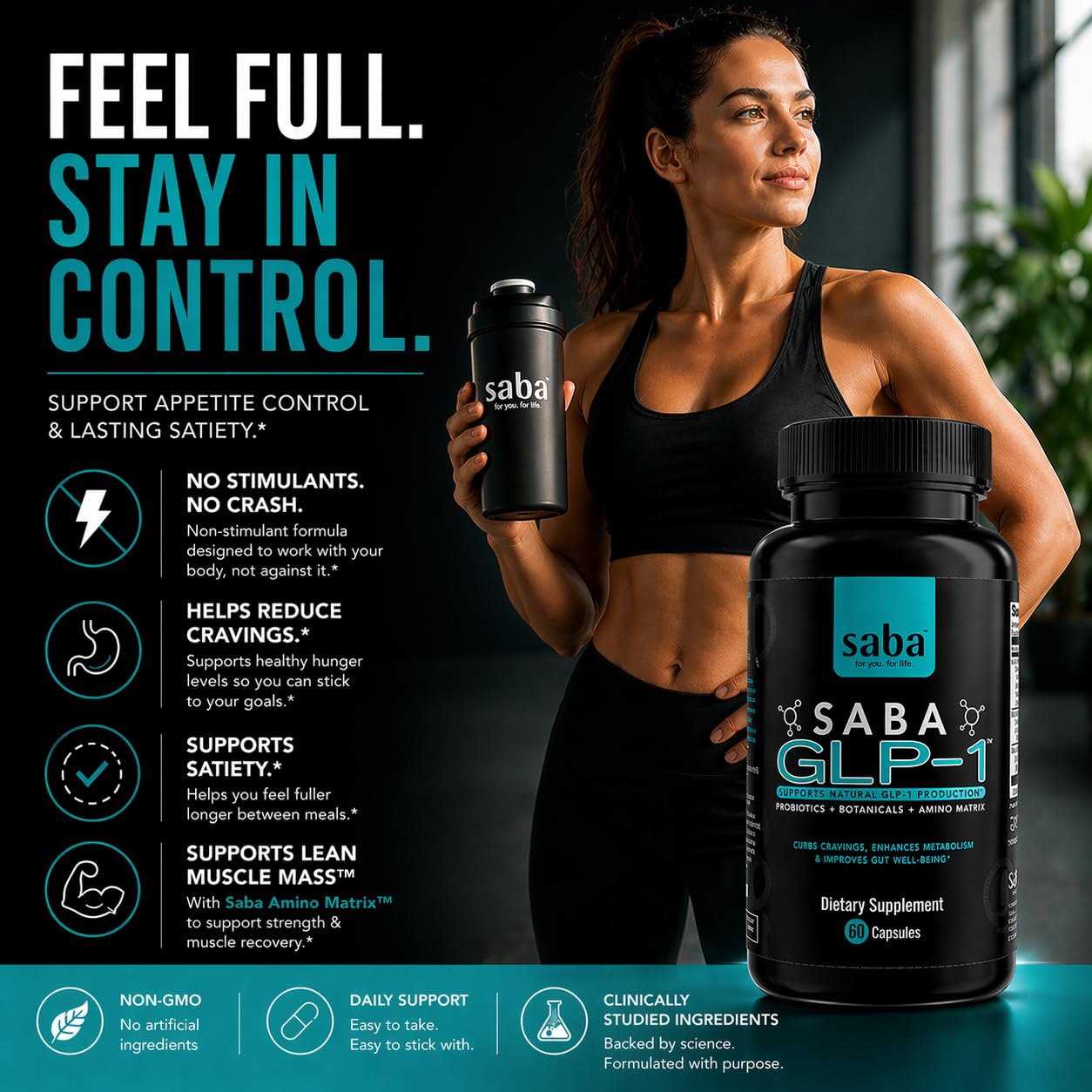 Saba GLP-1™ Support Supplement – Natural Appetite Control & Cravings Support with Akkermansia Probiotic + Berberine Synbiotic | Gut Health & Metabolism Support | Non-Stimulant Capsule 60 Count