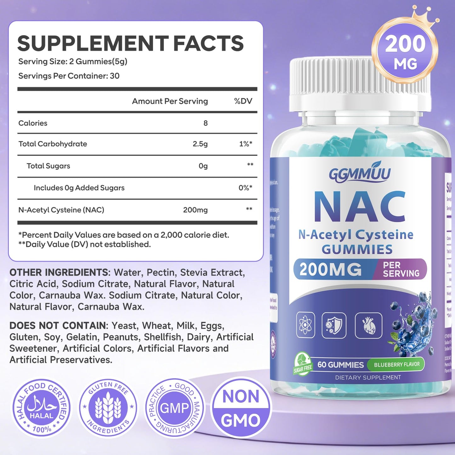 GGMMUU NAC Gummies N-Acetyl Cysteine 200mg, 120 Gummies