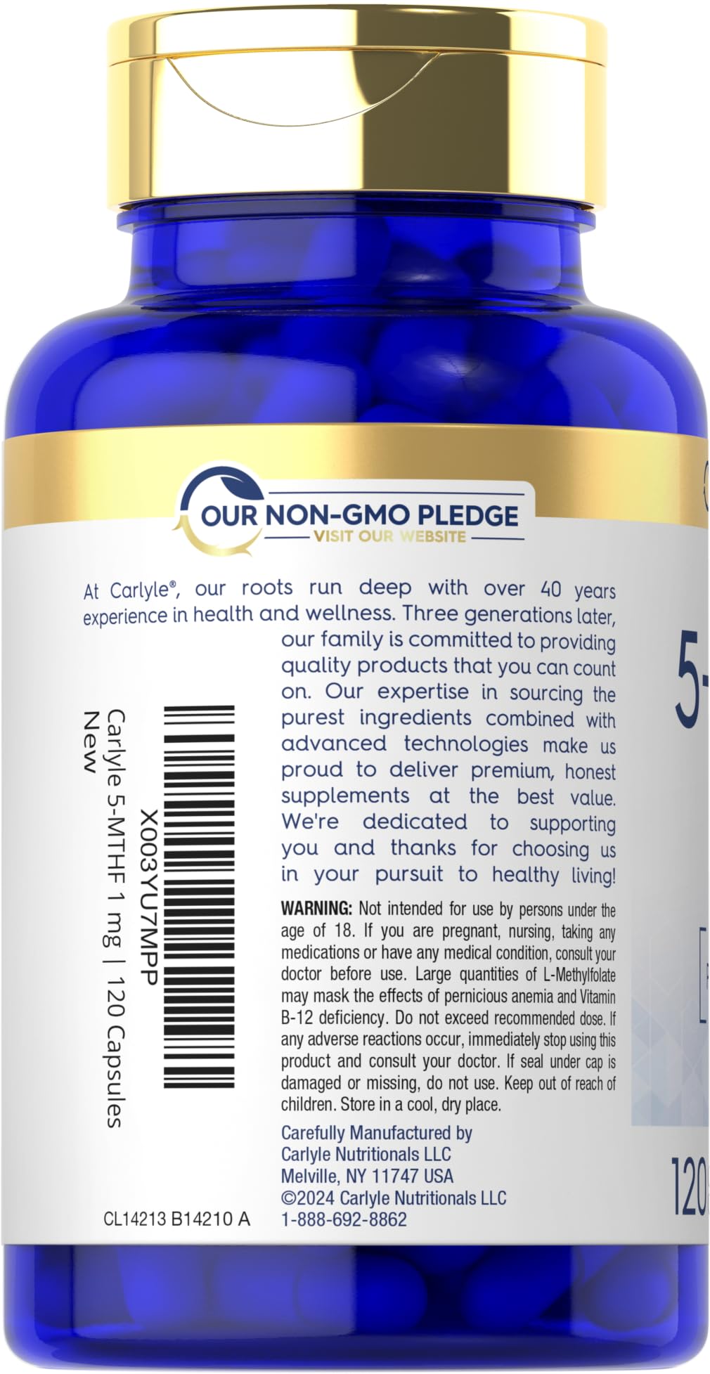 Carlyle 5-MTHF L Methylfolate 1mg Capsules, 120 Count, Non-GMO & Gluten Free