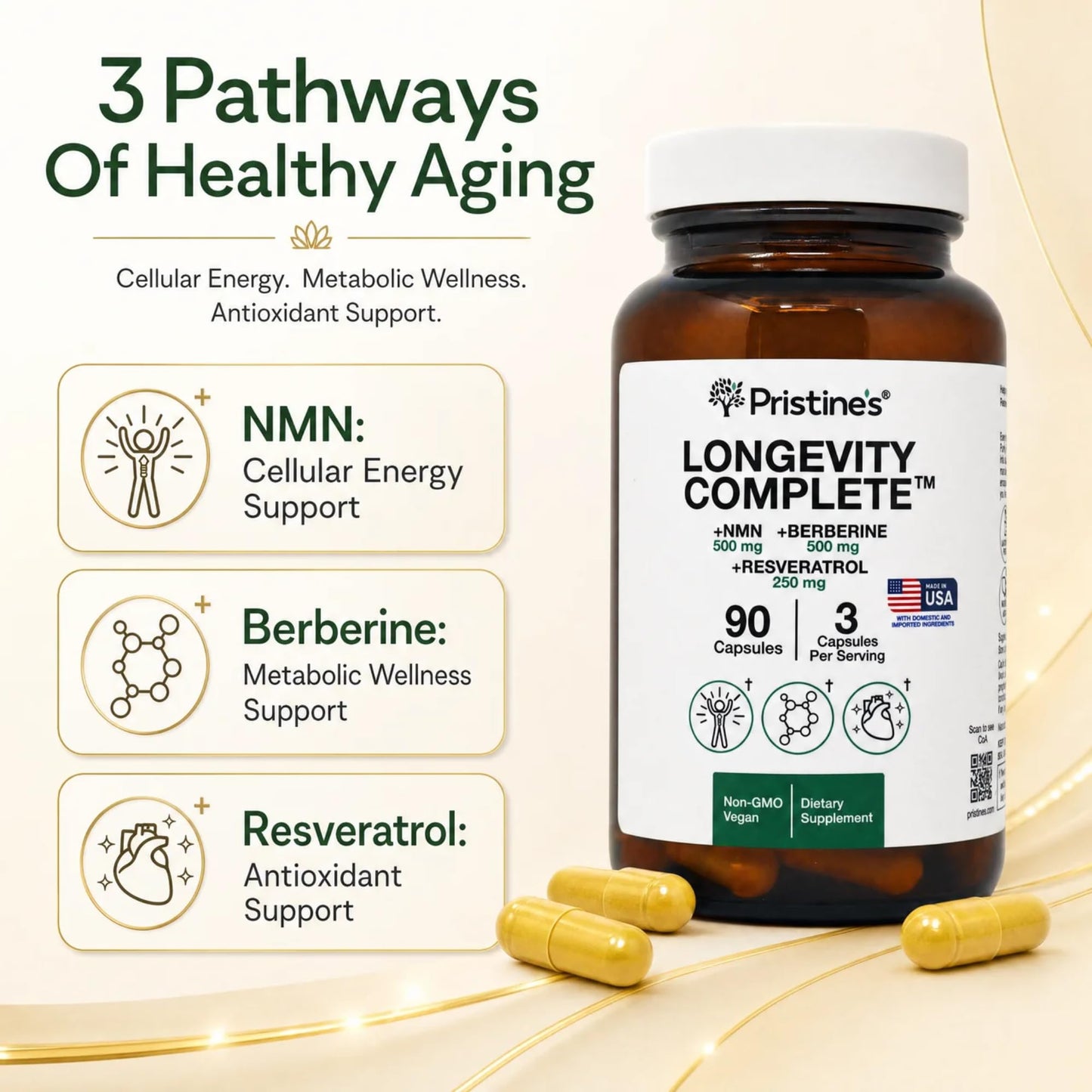 PRISTINE'S Longevity Complete Anti Aging NMN Complex - Advanced Cellular Support - NMN 500mg, Berberine 500mg, Resveratrol 250mg, Healthy Aging, Autophagy & NAD+ Support Capsules, 90 Count