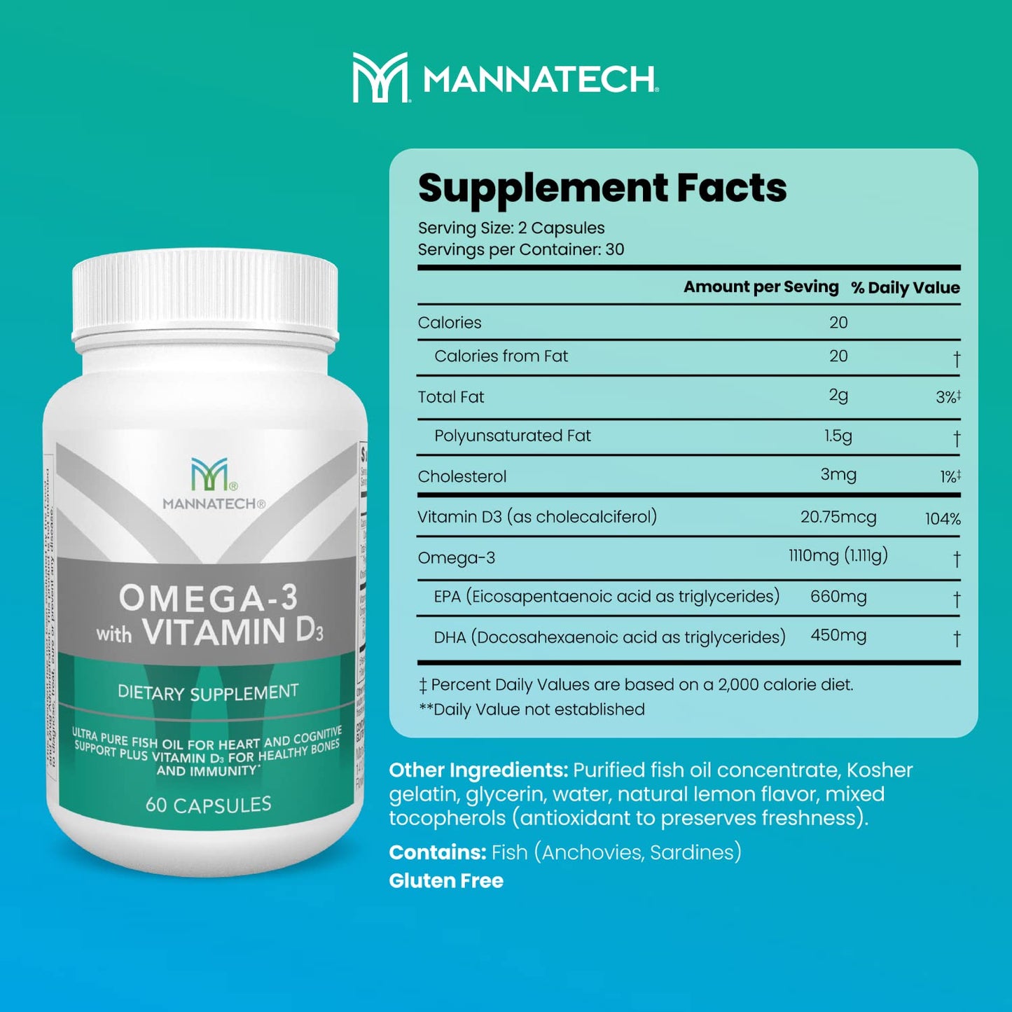 Mannatech Omega-3 with Vitamin D3 for Bone, Heart Health and Cognitive Support, 60 Capsules
