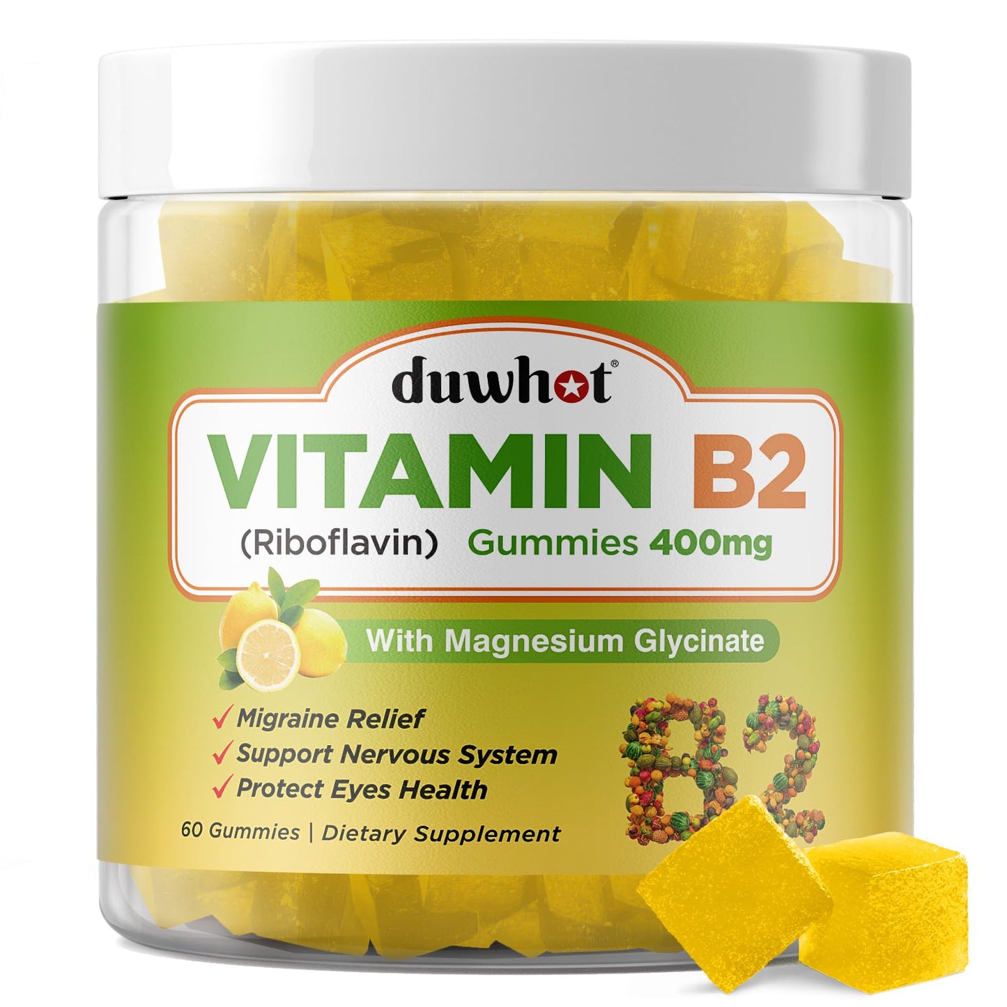 duwhot Vitamin B2 Riboflavin 400mg Gummies with Magnesium, 60 Count