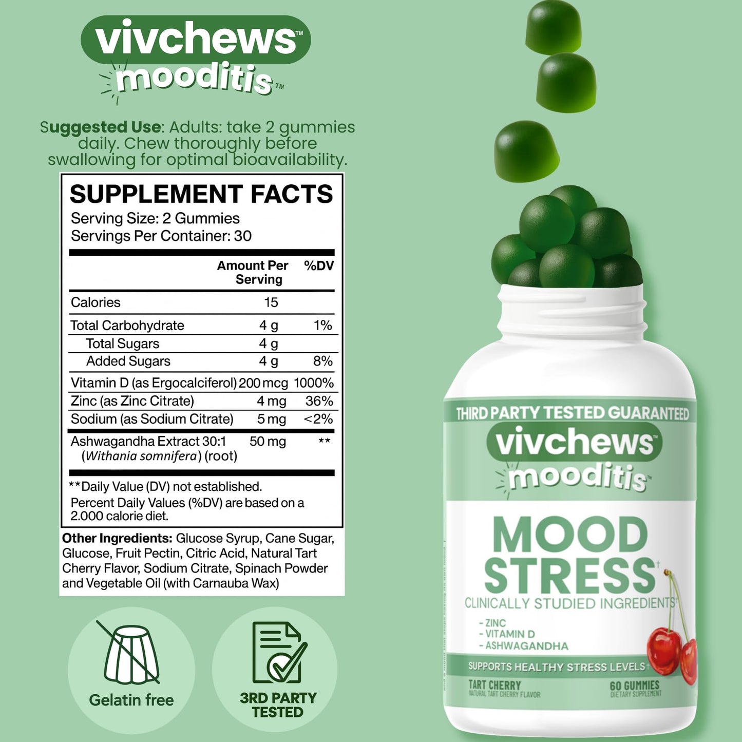 vivchews Mood & Stress Gummies Zinc, Vitamin D & Ashwagandha for Calm & Emotional Balance, Tart Cherry Flavor, Non-GMO, 60 Gummies