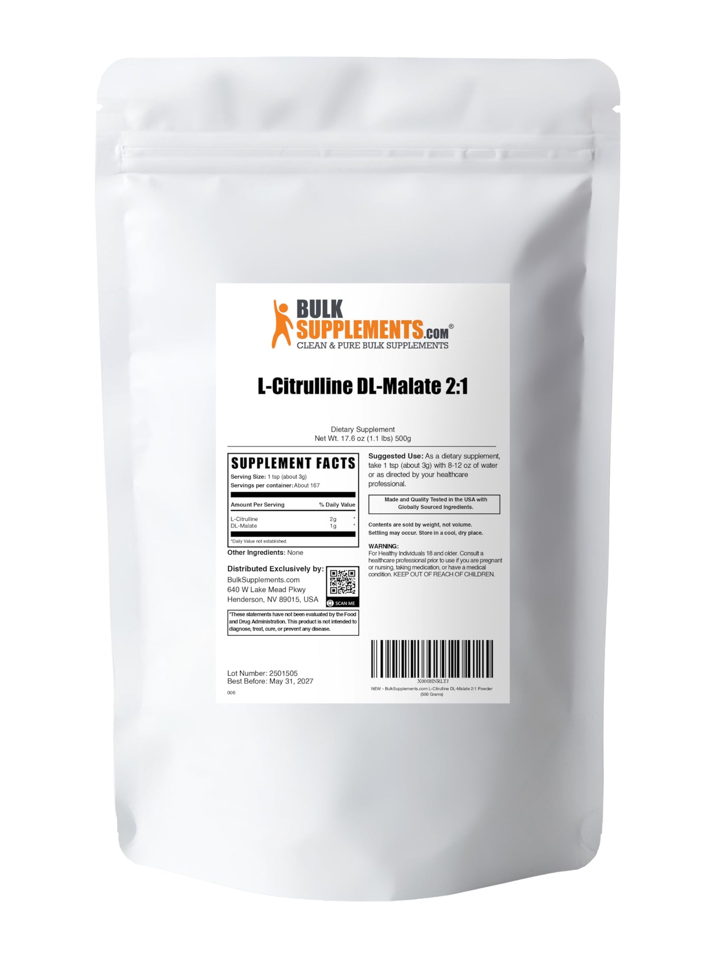 BulkSupplements L-Citrulline Malate 2:1 Powder, 500 g