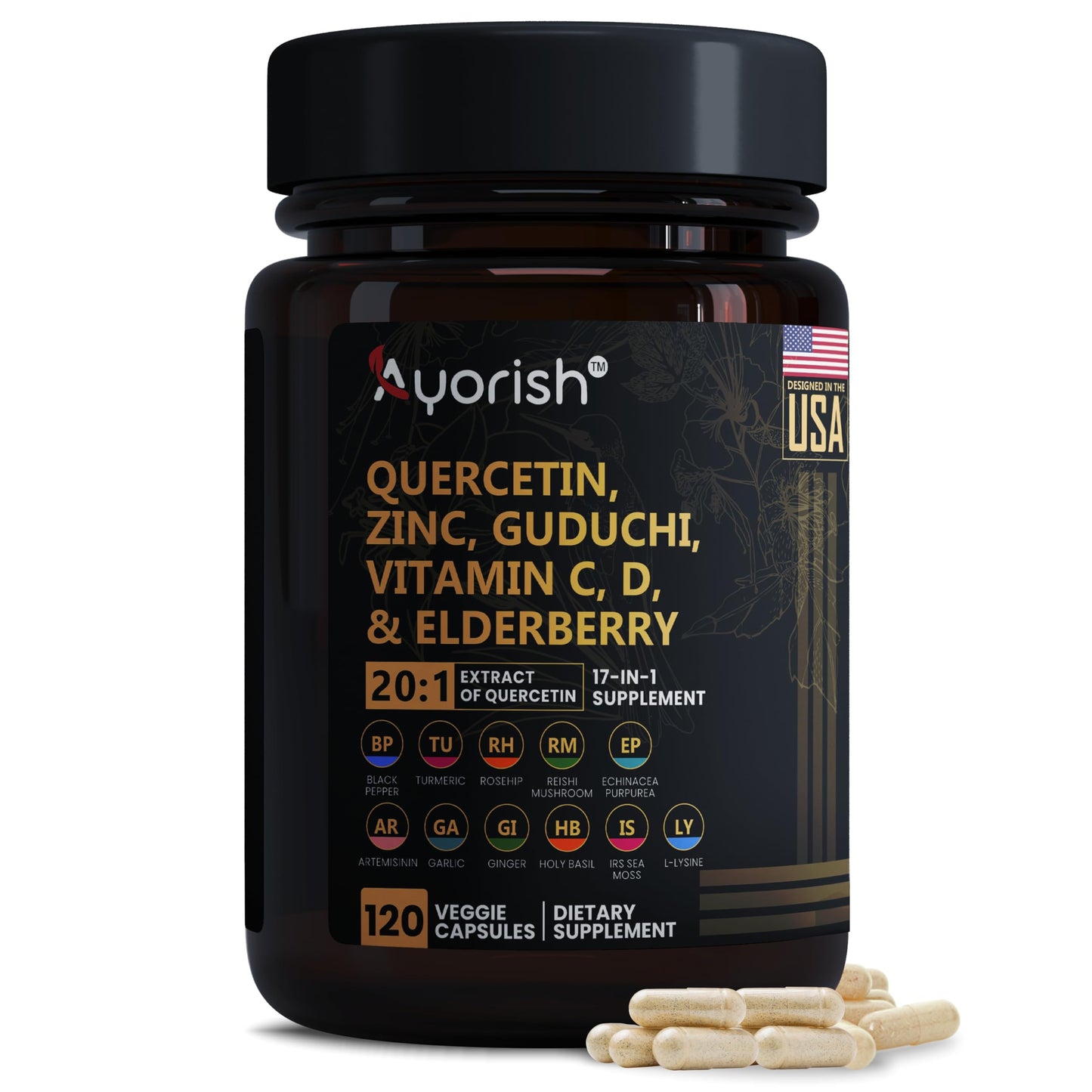Ayorish Quercetin Zinc Vitamin C Vitamin D Bromelain Elderberry Capsule, 120 Count