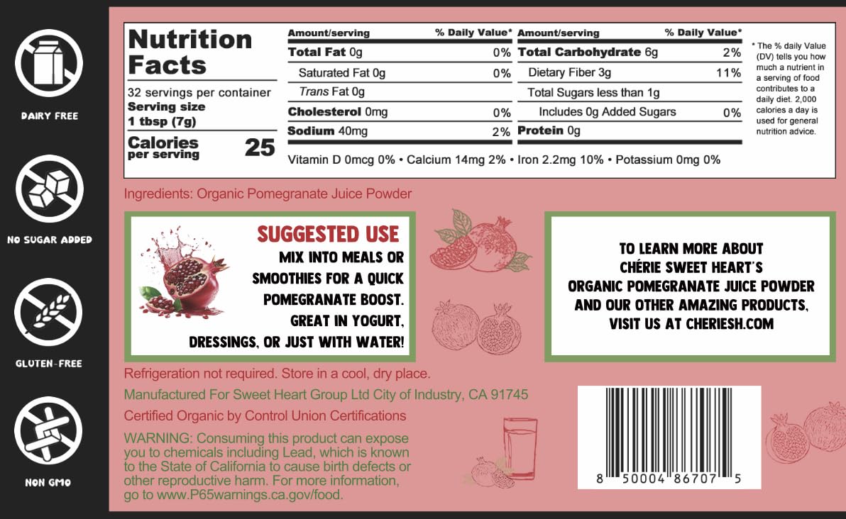 Chérie Sweet Heart USDA Organic Pomegranate Juice Powder 8 Ounce