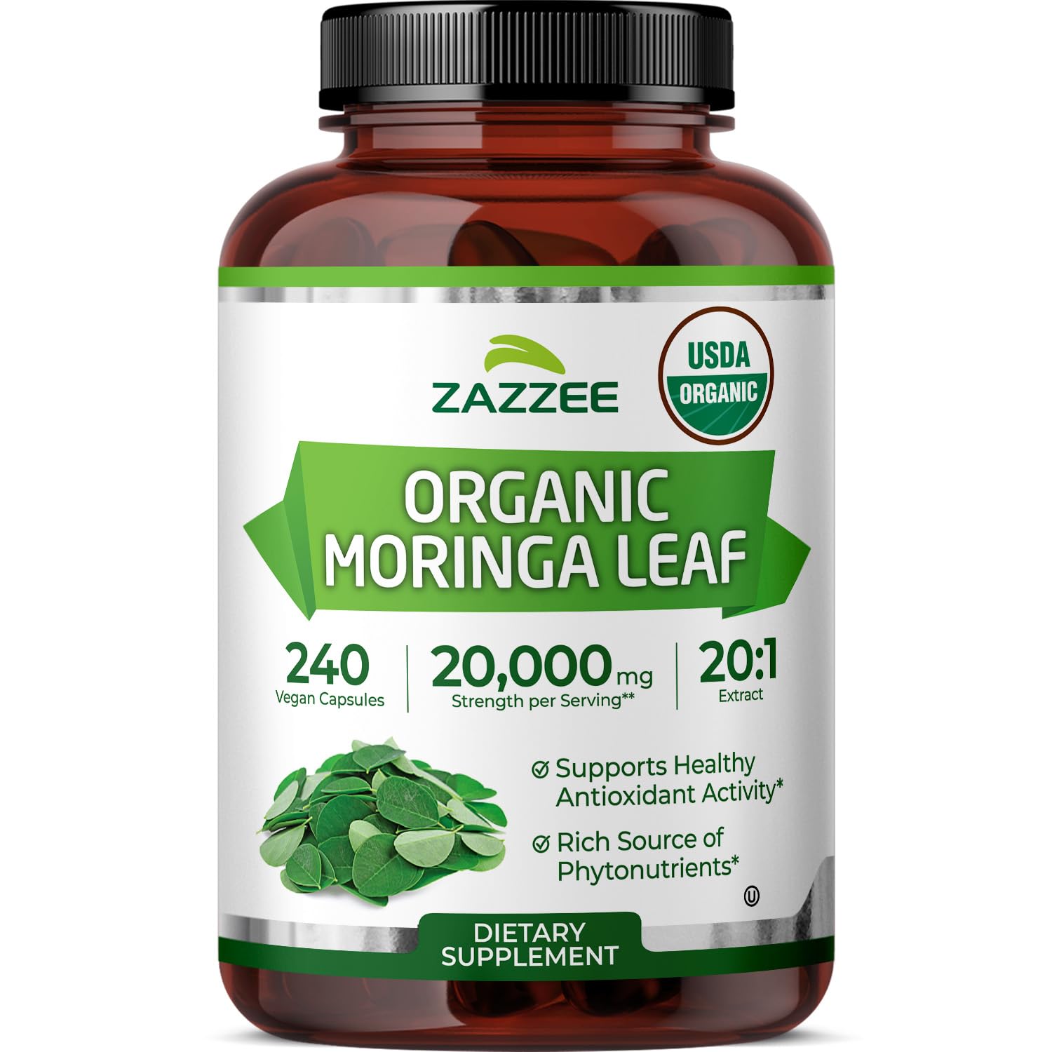 Zazzee USDA Organic Moringa Leaf 20:1 Extract, 1000 mg per serving, 240 Capsules