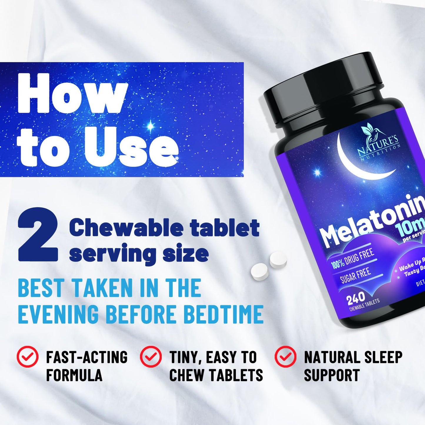 Nature's Nutrition Melatonin Sleep Supplement 10mg Maximum Strength Tablet, 240 Count