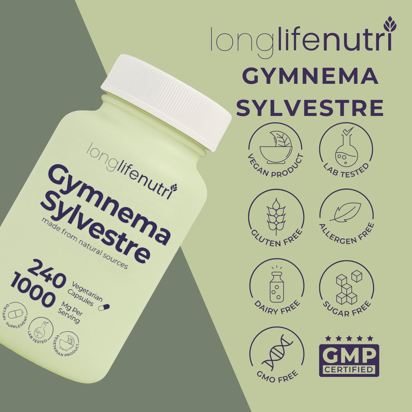LongLifeNutri Gymnema Sylvestre 1000mg Organic 20:1 Leaf Extract Capsule 240 Count