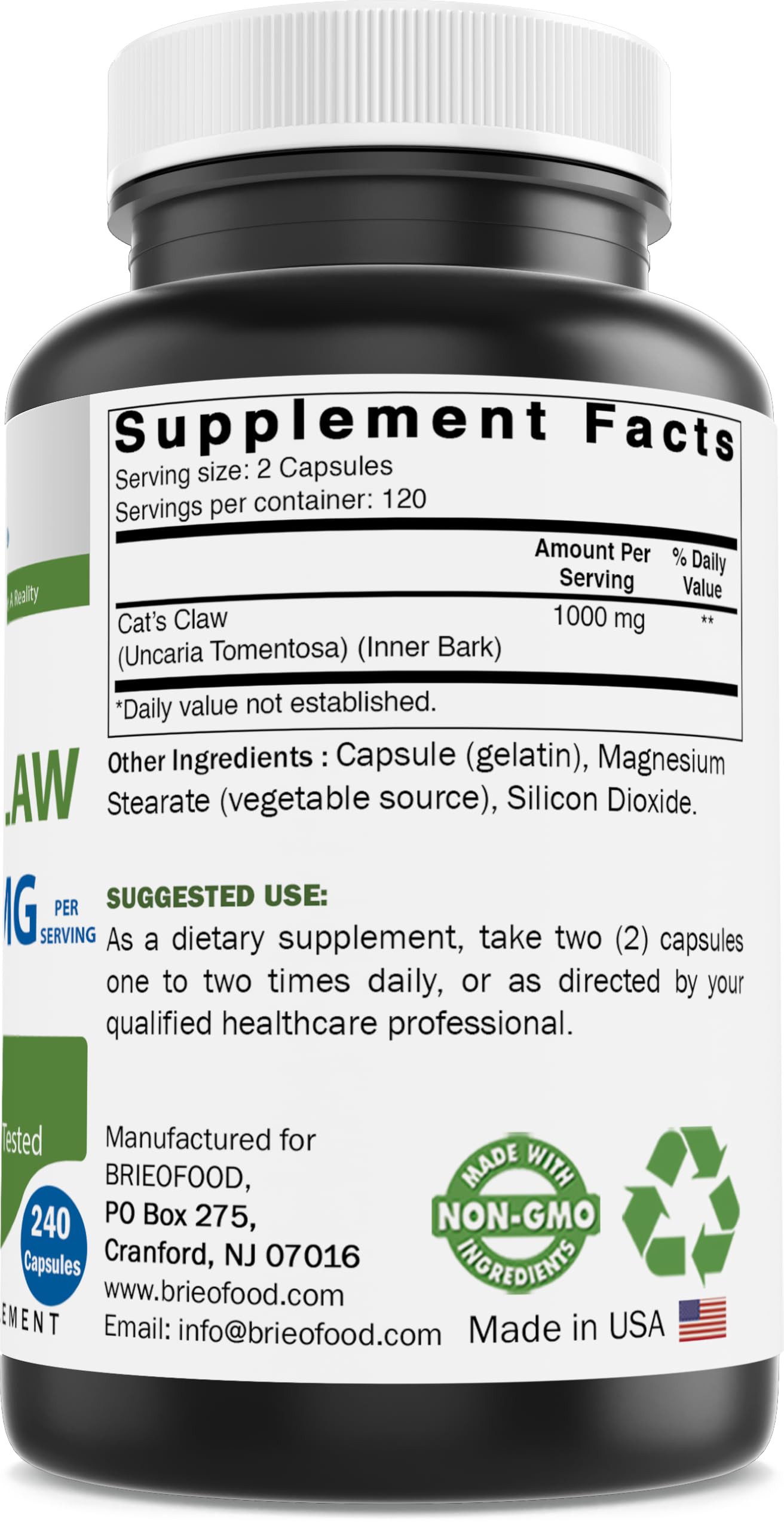 Brieofood Cat's Claw 1000 mg per Serving Capsules, 240 Count