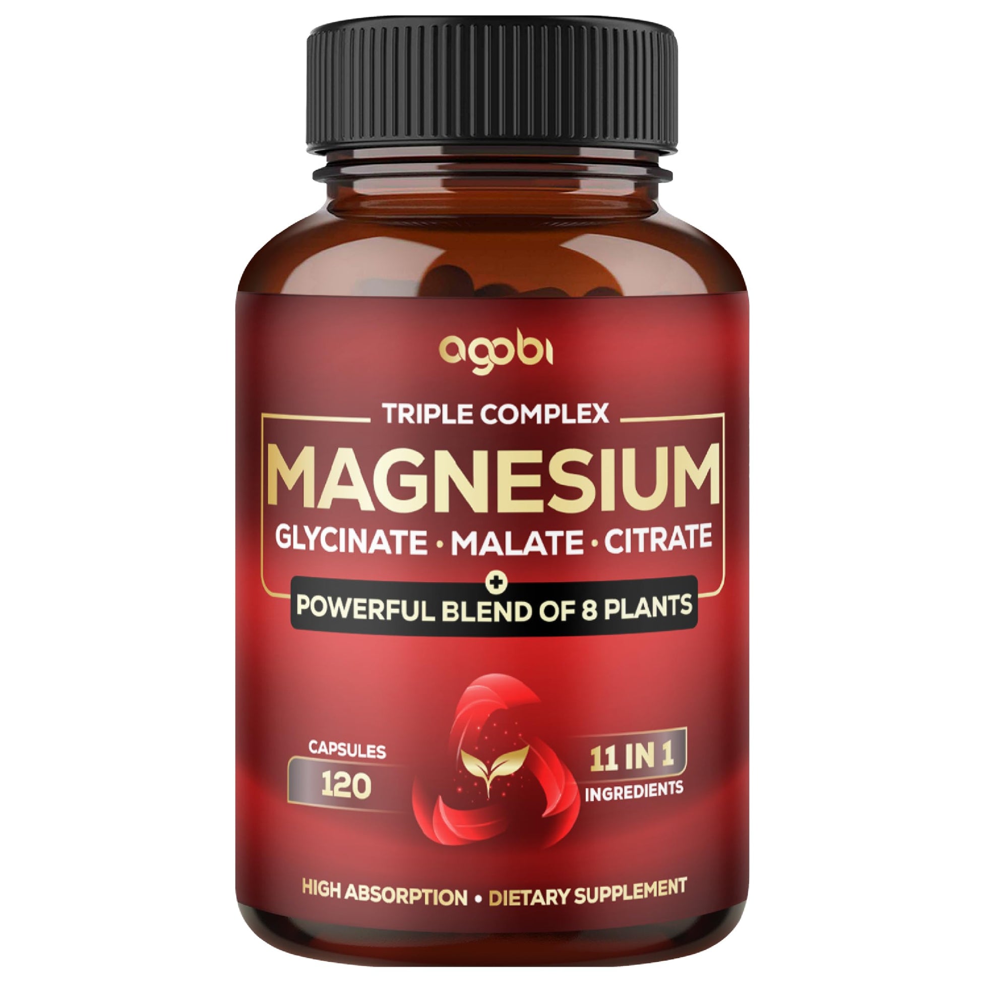 agobi Magnesium Triple Complex 600mg Magnesium Glycinate, Malate & Citrate - Added Spinach, Swiss Chard & Others - Support Calm, Restful Mood & Muscle Cramp 120 Capsules
