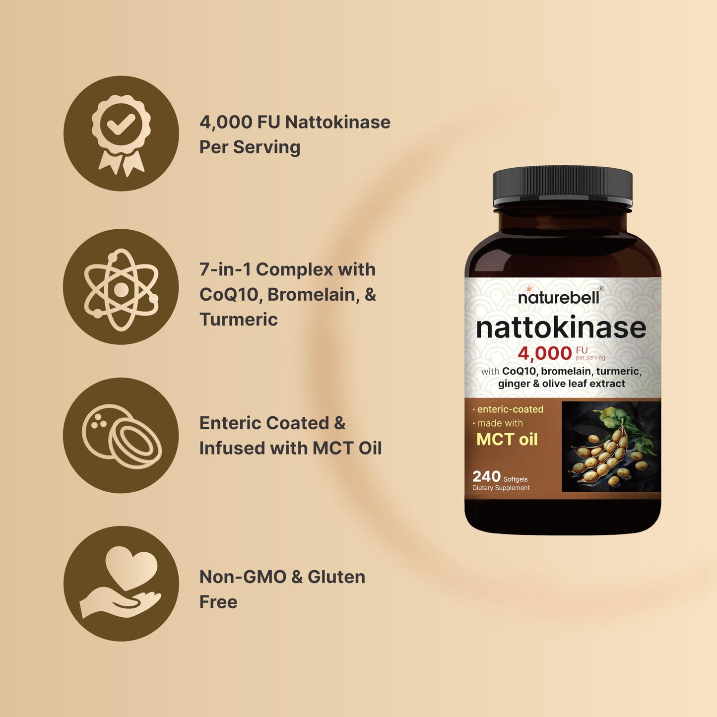 NatureBell Nattokinase 4,000 FU Per Serving Softgels, 240 Count