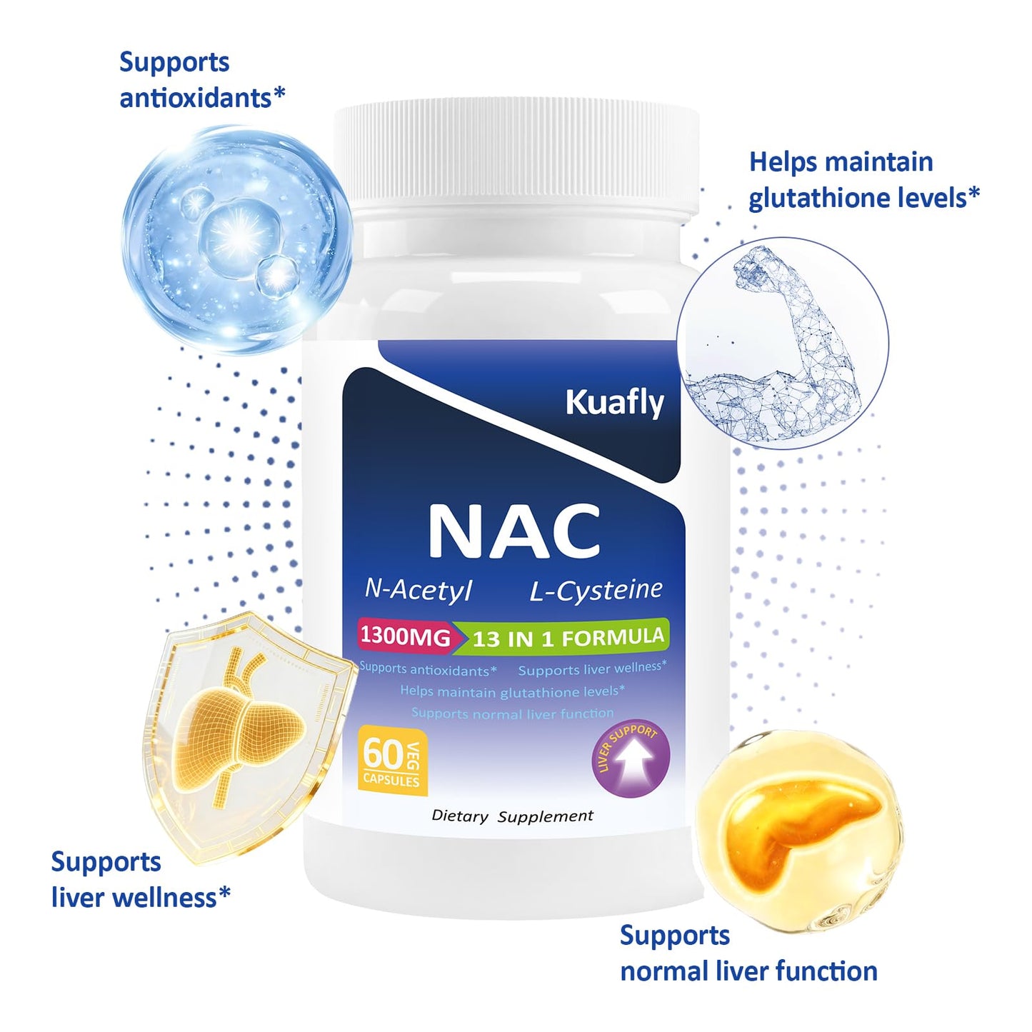 KUAFLY NAC Supplement 1300mg N-Acetyl Cysteine 13-in-1 Antioxidant, 120 Capsules