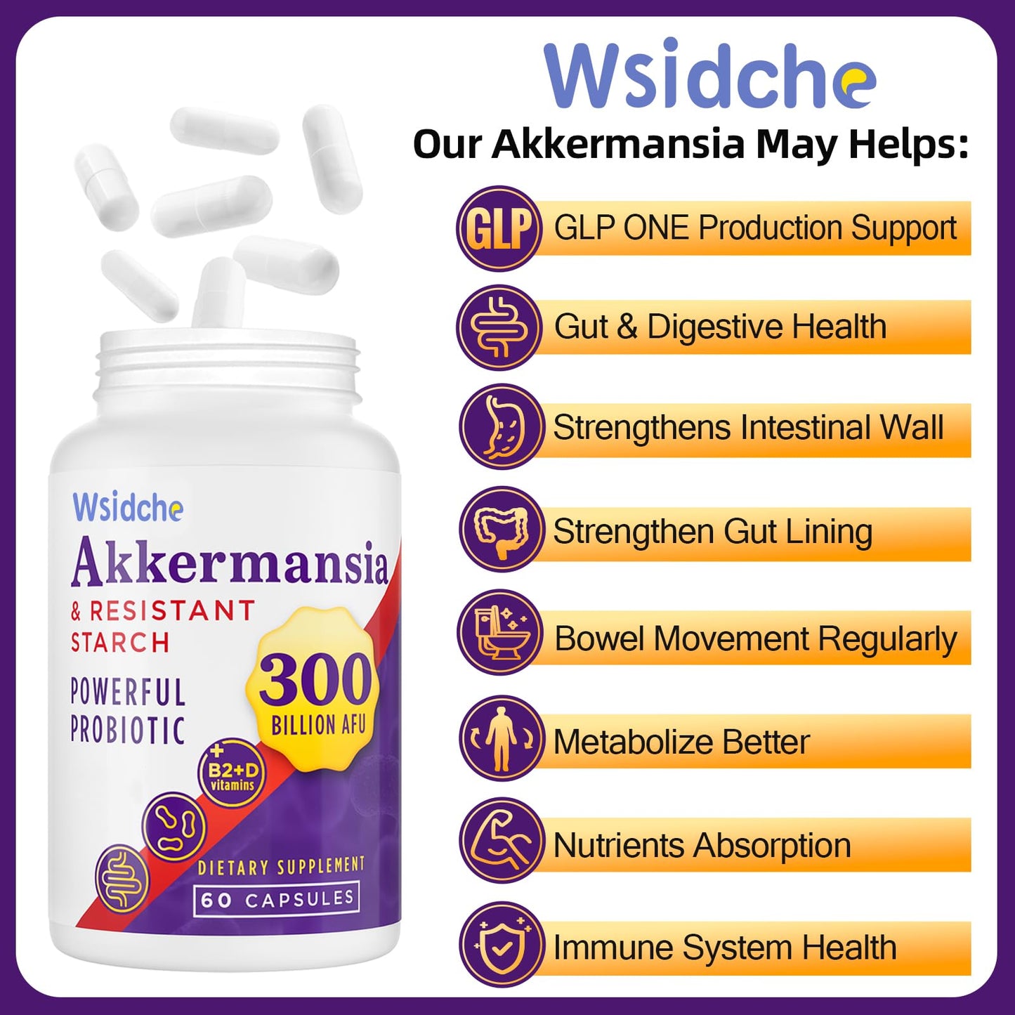Wsidche Akkermansia Muciniphila Probiotic Capsules 300 Billion AFU, 120 Count