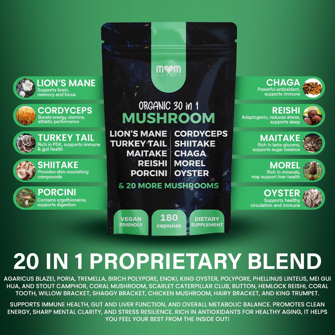 MOM NUTRIX 30 in 1 Ultimate Mushroom Supplement Softgels 180 Count