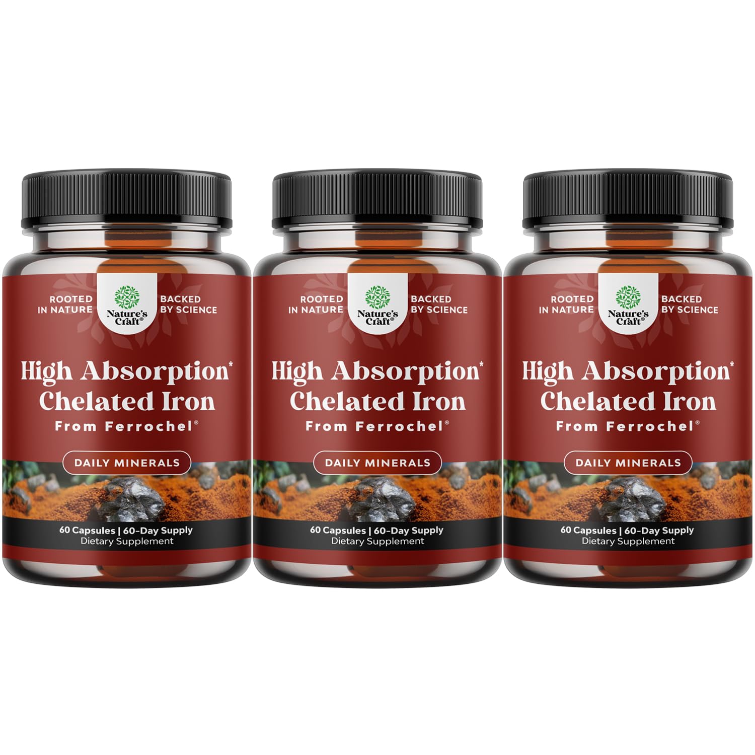 Natures Craft Slow Release Iron Bisglycinate Capsules with Vitamin C, 180 Capsules (Pack of 3)