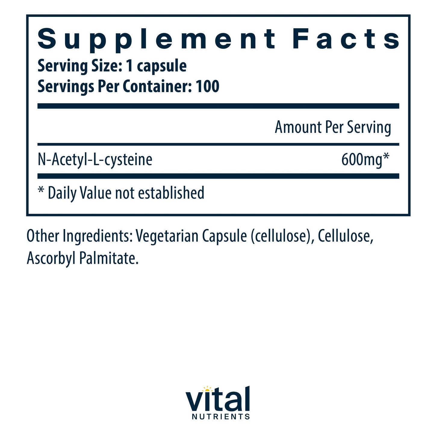 Vital Nutrients NAC 600mg N-Acetyl Cysteine 100 Capsules