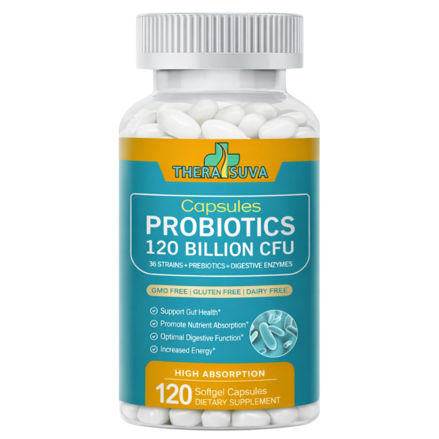 TheraSuva Advanced Probiotics 120 Billion CFU - 36 Strains + Prebiotics + Fruit & Veggie Complex Softgels, 120 Count