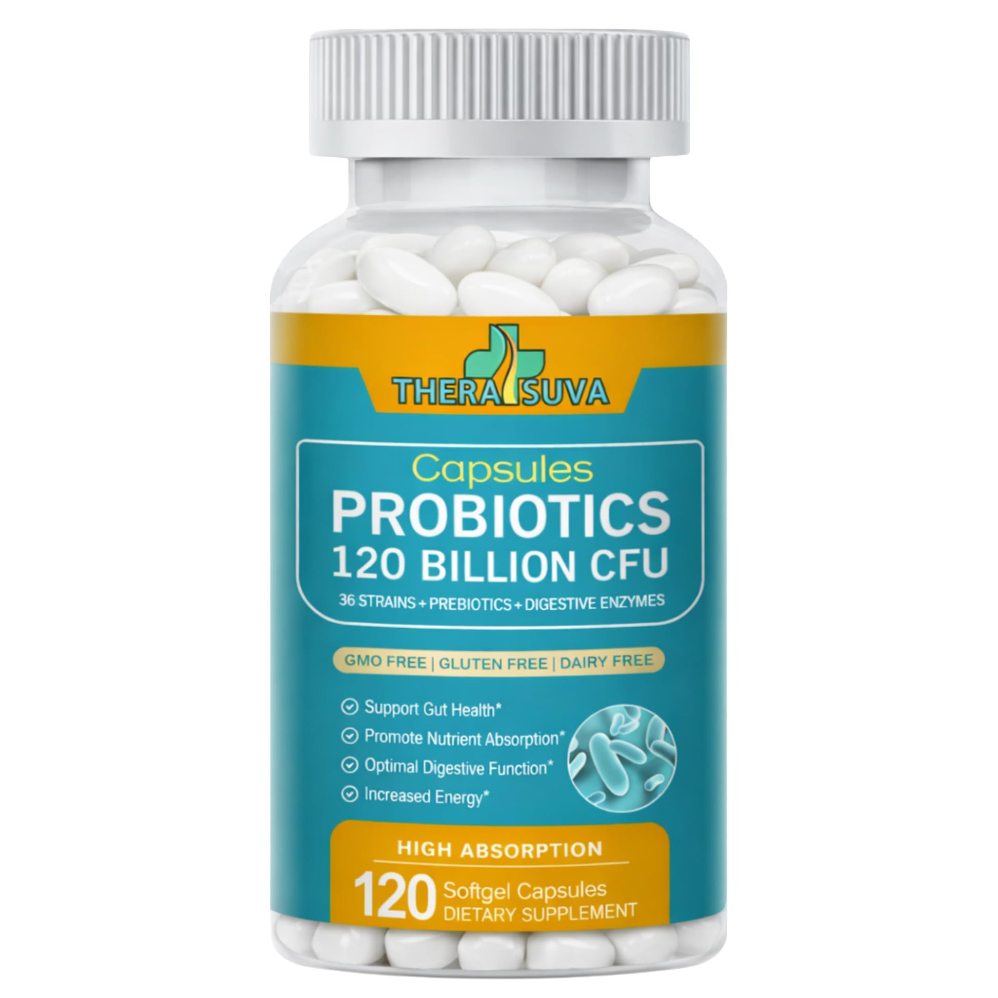TheraSuva Advanced Probiotics 120 Billion CFU - 36 Strains + Prebiotics + Fruit & Veggie Complex Softgels, 120 Count